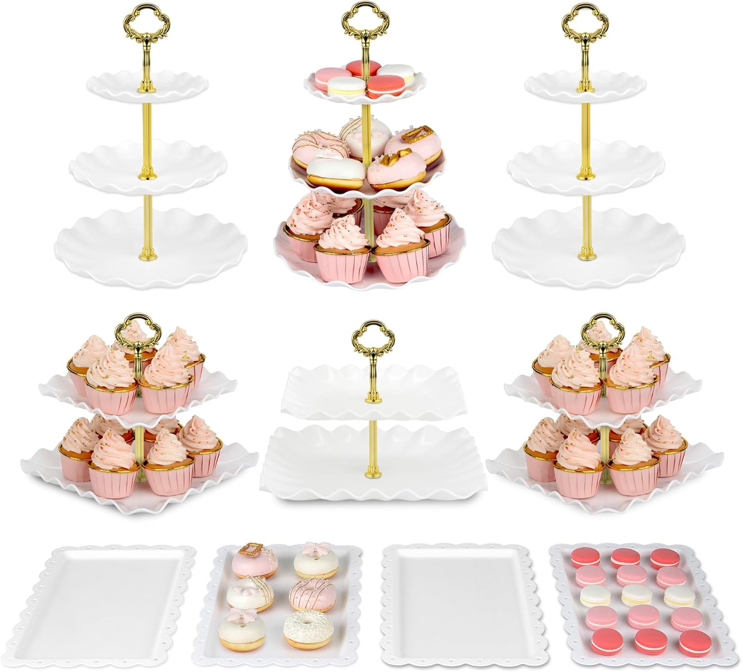 A set of elegant, varied-height cake stands in a gold finish.