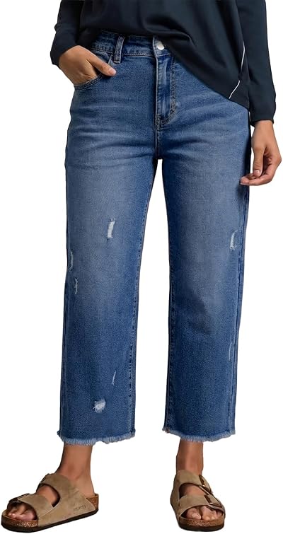 EVALESS Jeans for Women Mid Rise Distressed Denim Ankle Pants