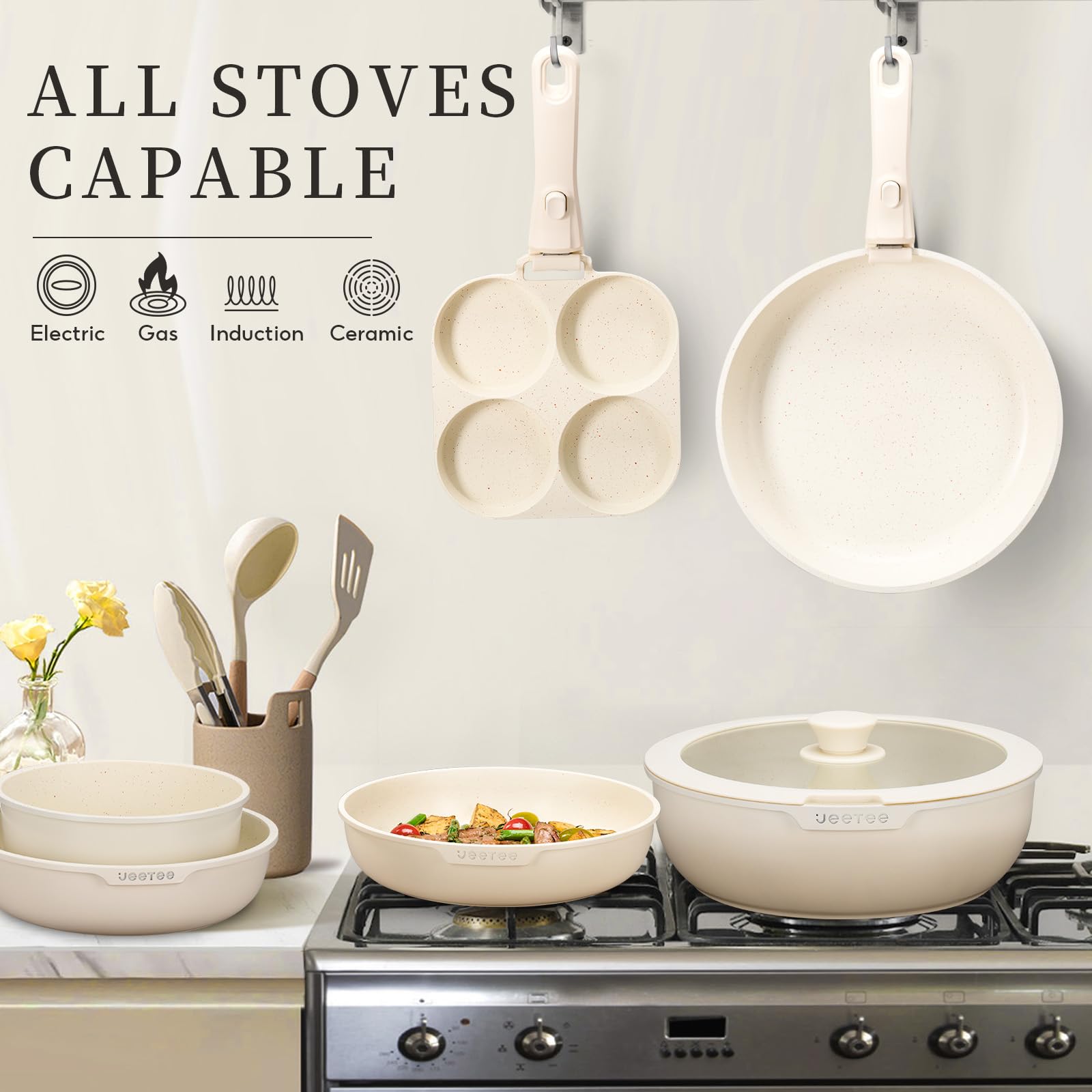 JEETEE Batterie de Cuisine Antiadhésive 20 Pcs, Sets de Poêles et Casseroles avec Poignée Amovible, Ensemble de Cuisine pour Camping-car, Empilable, Passe au Four, Sans PFAS/PFOA, Beige