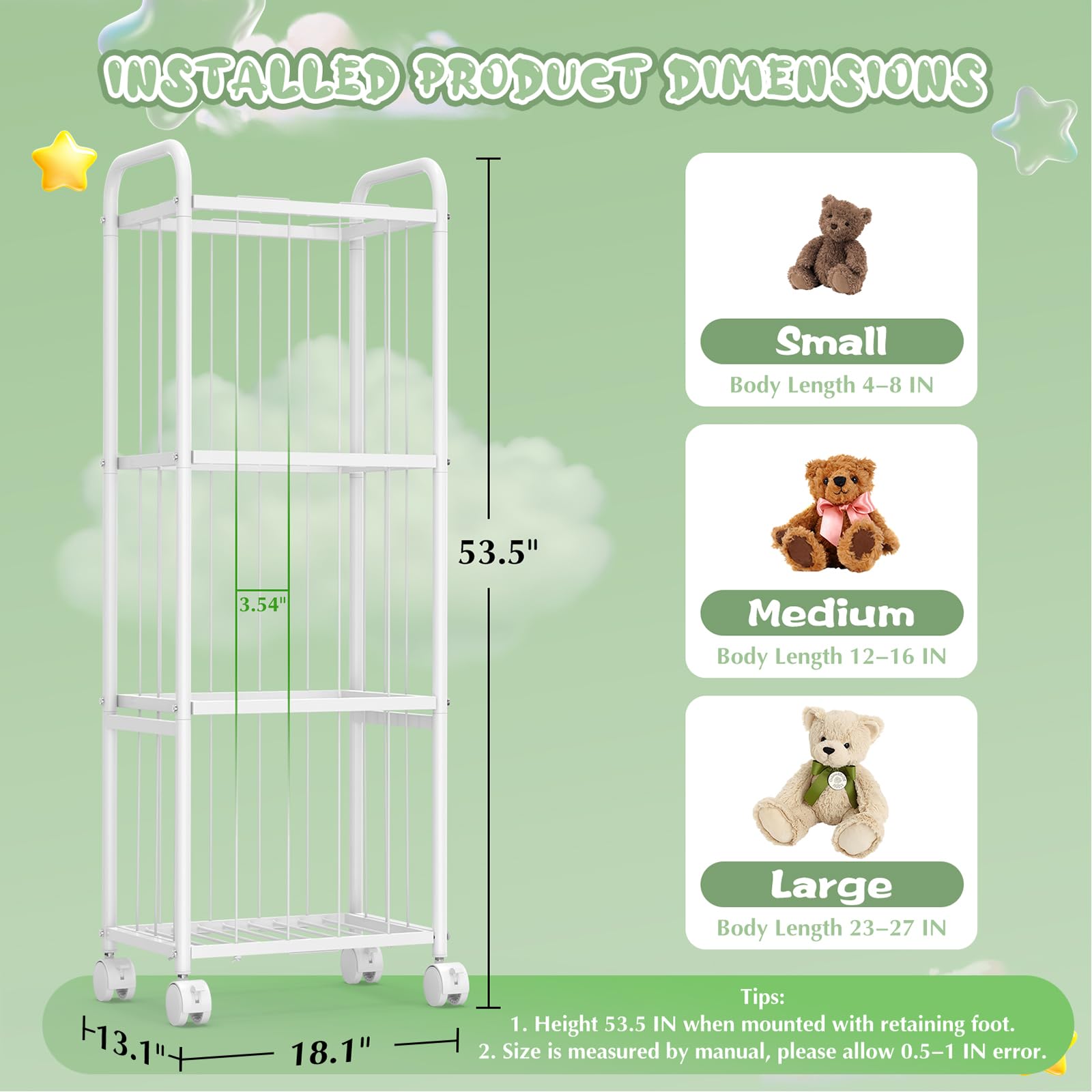 Stuffed Animal Storage Metal Tube Extra Large Toy Storage Organizer with Brake Wheels, Stuffed Animal Holder Zoo Organizer for Nursery Playroom Kids Room White(53.5” x 18.1”x 13”)