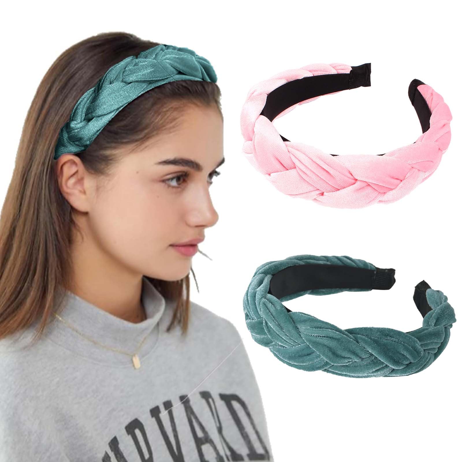 2 Stück Haarreif Dirndl, Geflochtene Stirnbänder für Damen | Breit Haarreif Damen, Vintage Gepolsterte Haarreifen Mädchen, Trachten Haarschmuck Kopfband für Mädchen (Grün, Rosa)