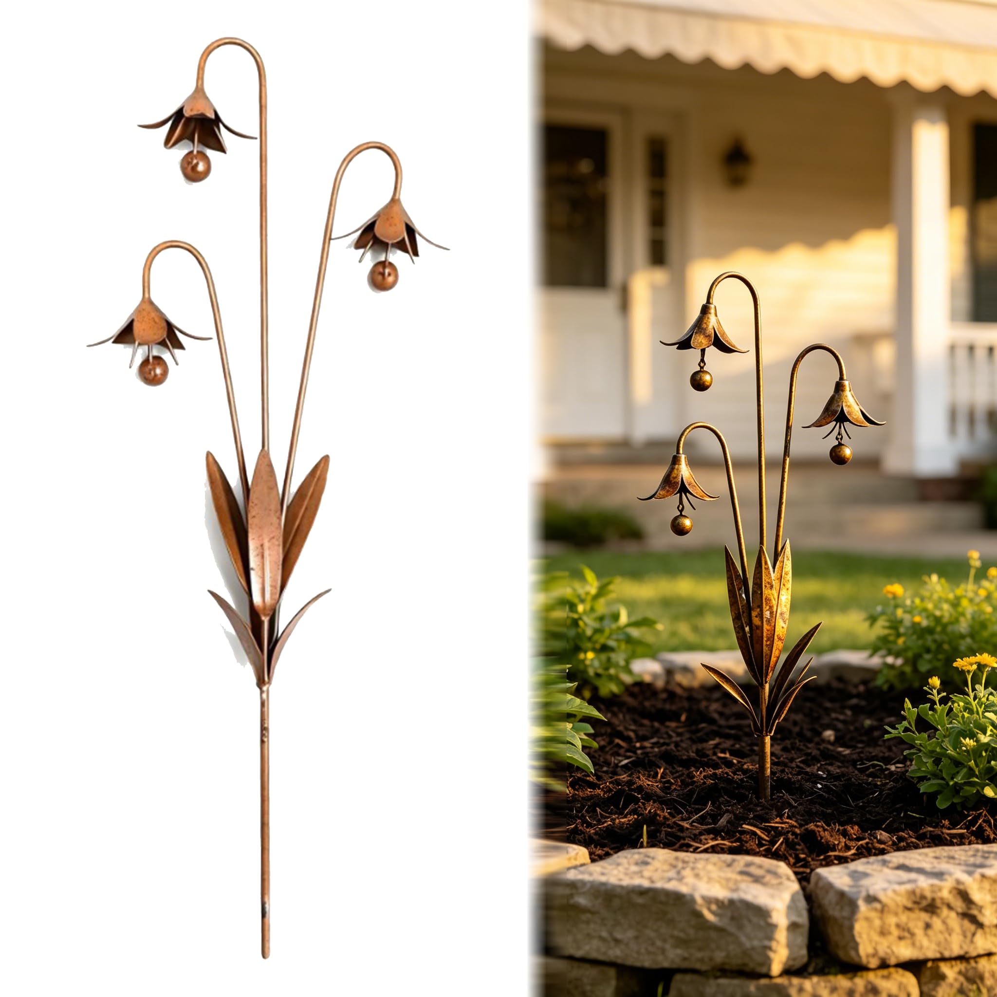 OmniVeyi Bronze Metal Triple Bluebells Garden Stake, 35cm/13.8in Weatherproof Flower Yard Art Decor, Handcrafted Outdoor Ornament for Flower Beds, Planters, Pathways, Lawn & Patio (1PCS)