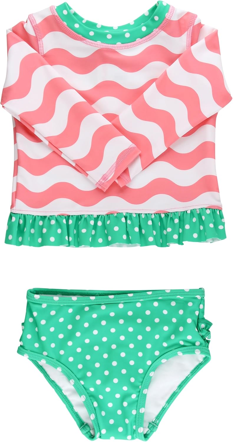 RuffleButts Baby/Toddler Girls Long Sleeve Rash Guard UPF50+ Sun Protected Bikini Swimsuit