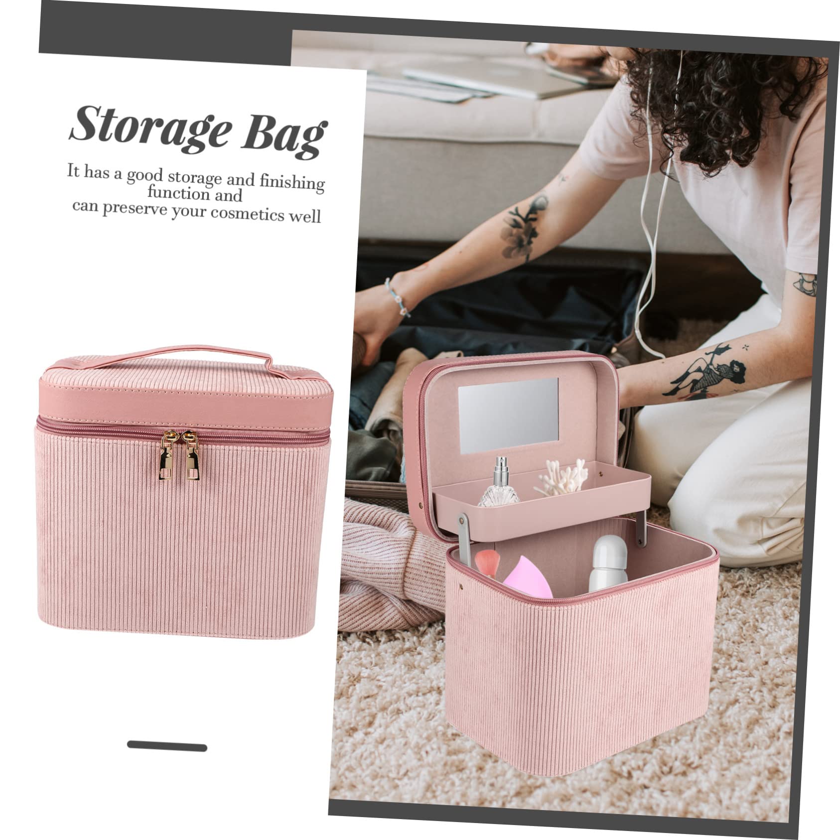 Makeup Aufbewahrungsbox mit Spiegel Zweilagig aus Corduroy Große Kapazität Handlich und Modisch für Damen für Reisen und Persönlichen Gebrauch