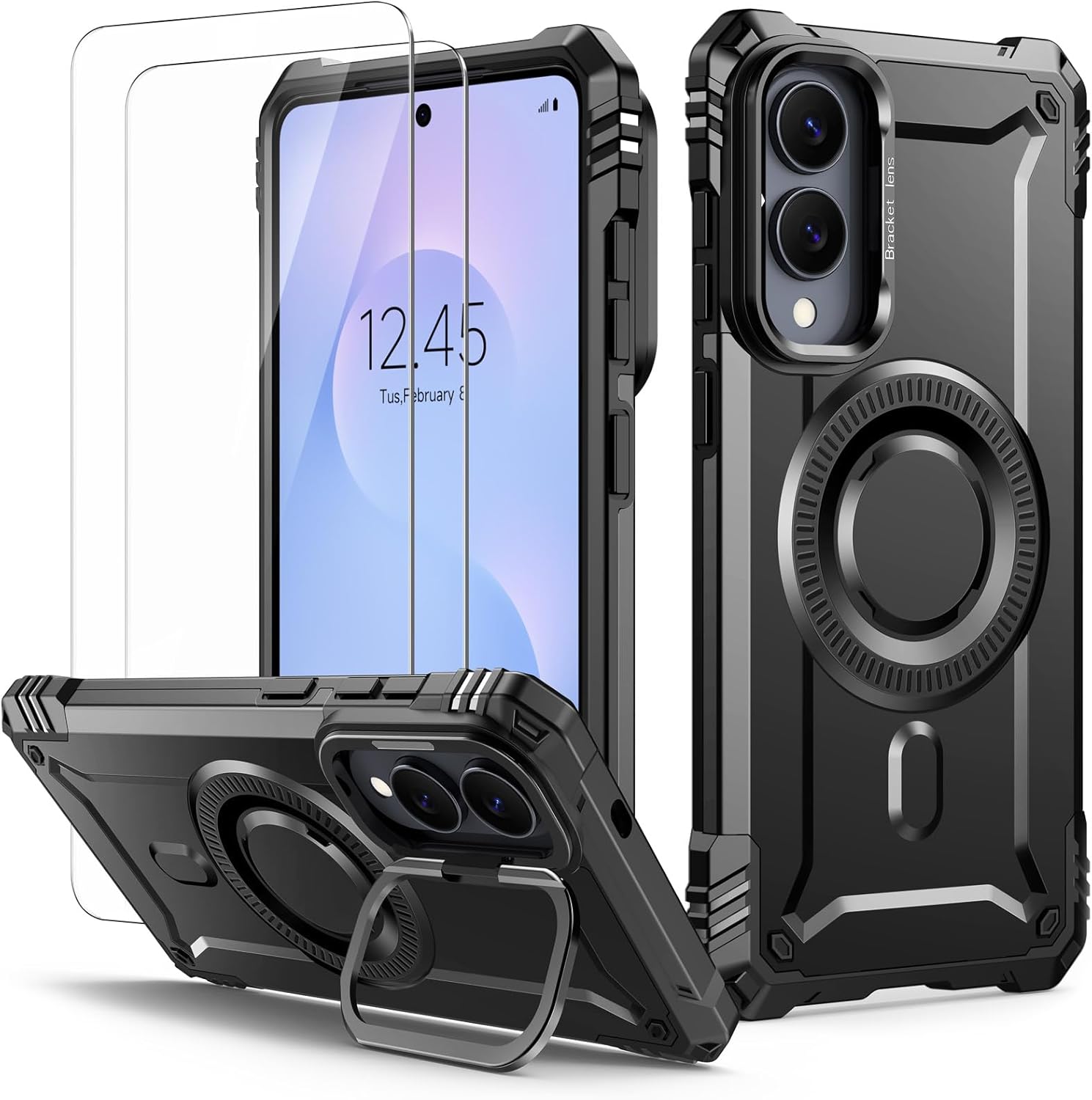 Samsung s25 Edge – Lanhiem Coque Samsung Galaxy S25 Edge avec 2 Verre Trempé pour MagSafe, Protection Militaire Antichoc Magnétique, Anneau de Support pour Caméra Renforcée, Noir