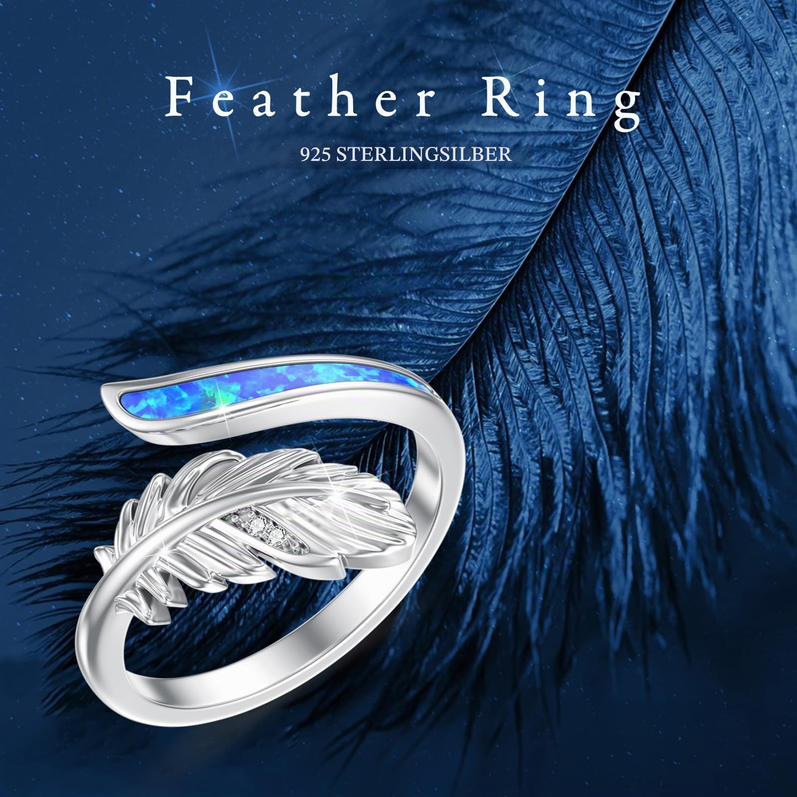 Feder Ring 925 Sterling Silber Opal Feder Ring Verstellbar für Damen Verstellbarer Ring Weihnachten Halloween Ostern Muttertag Valentinstag Geburtstag Schmuck Geschenke für Damen