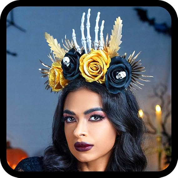 Woeoe Halloween Flower Halo Crown Skull Headband Feather Day of the Dead Hair Band Cosplay Dress up Costume Hair Accessories