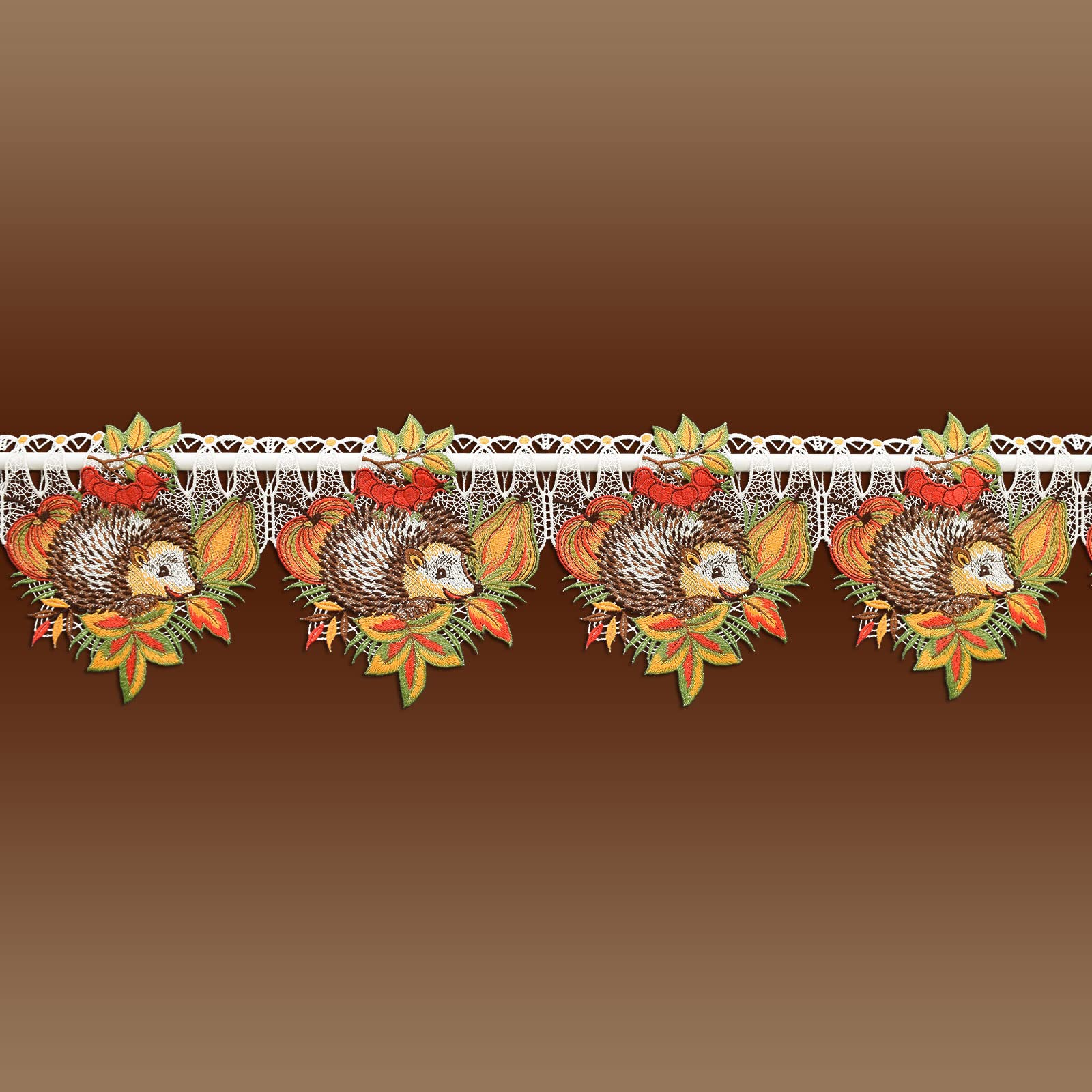 Feenhaus-Scheibengardine Igel mit Herbstlaub Vogtländischer Spitze Stangendeko für den Herbst 17 x 80 cm