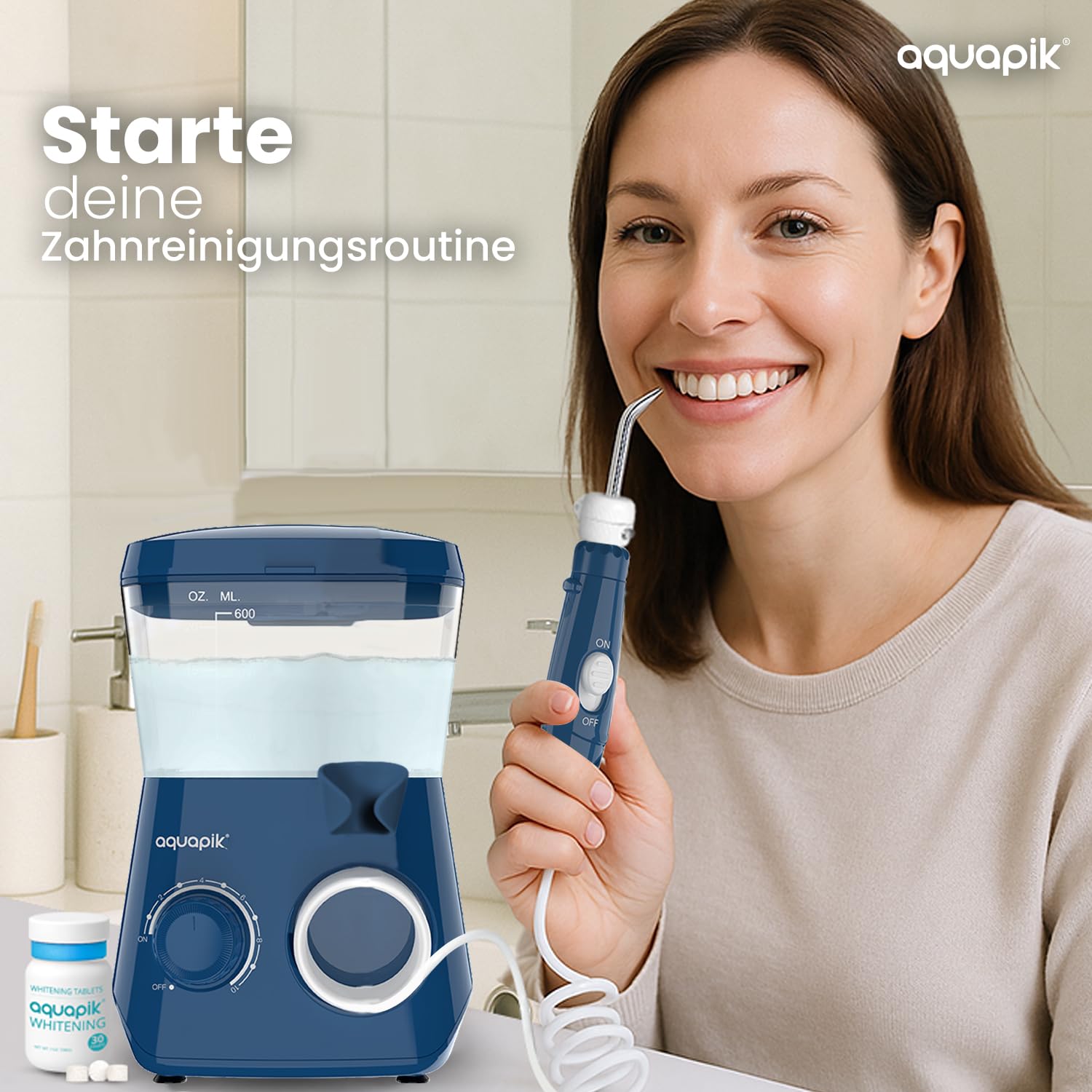 Aquapik® ADVANCED Munddusche | Ideal für Zahnspangen, Implantate und empfindliches Zahnfleisch | Aufhellungs-Kit entfernt Flecken | 10 Druckstufen | 10 Düsen | Von Zahnärzten empfohlen.