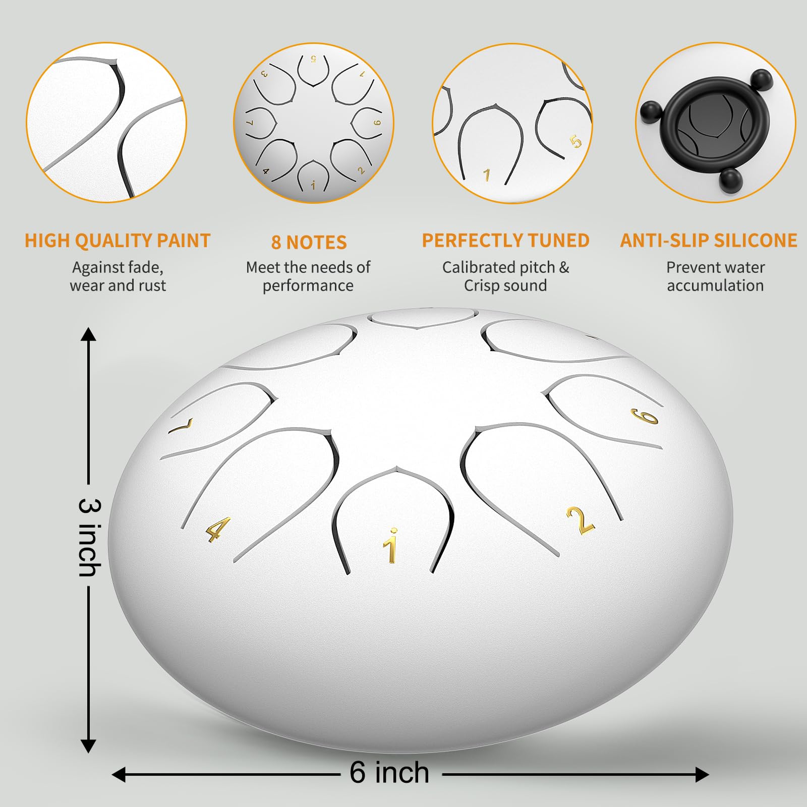 Rain Drum for Outside Garden, 6 Inches 8 Notes Steel Tongue Drums, Waterproof Meditation Echo Rain Chime, Musical Instruments for Adult Gift with Bag, Music Book, Mallets (White) 3