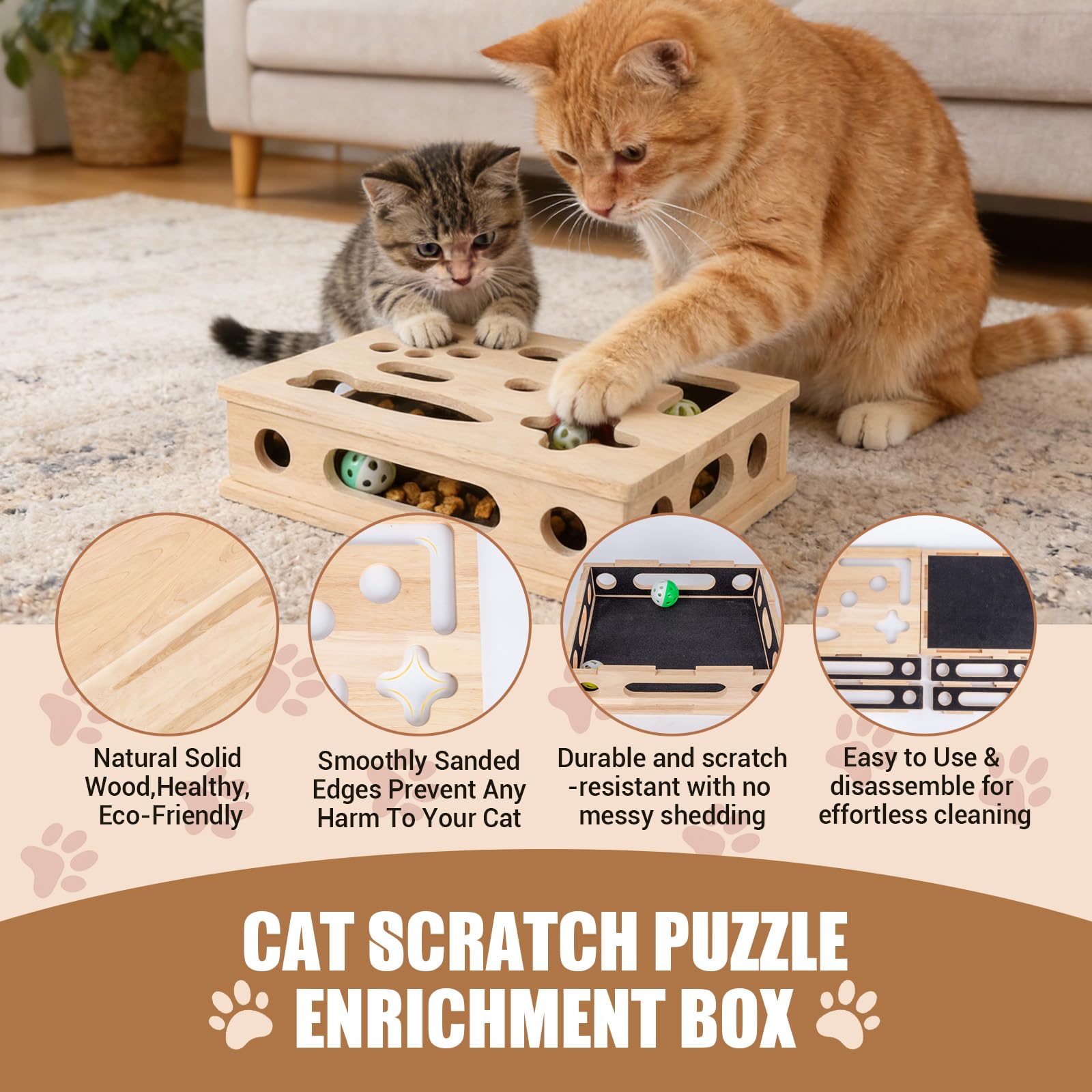 Caja de enriquecimiento de rompecabezas para rascar gatos, caja de enriquecimiento de lima de uñas de gato de madera maciza lisa con papel de lija integrado, caja de lima de uñas para gatos