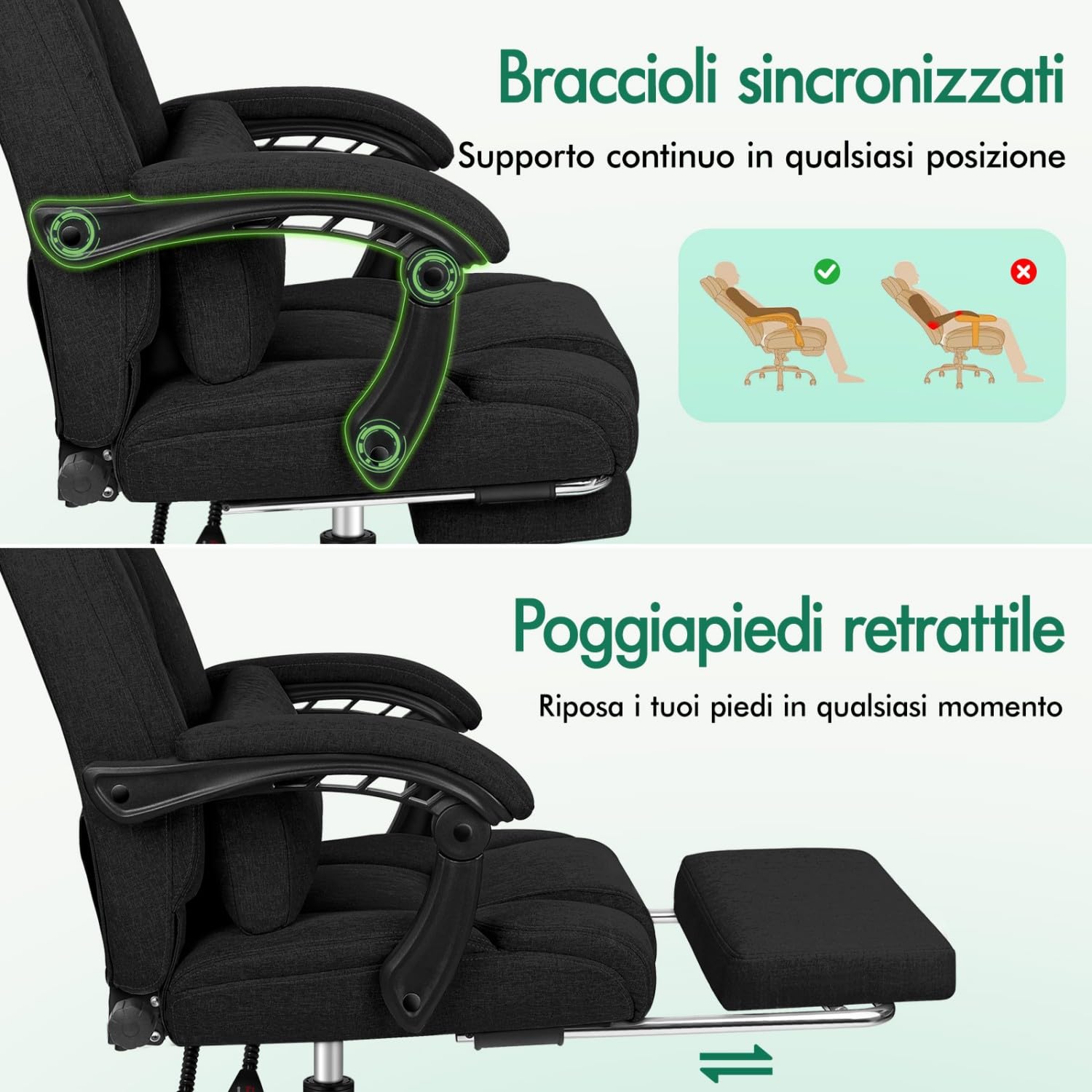 ALFORDSON Sedia Girevole con Poggiagambe Poltrona Direzionale Ergonomica da Ufficio Studio Regolabile con Rotelle, Altezza Regolabile, Supporto Lombare, Portante di 180 kg, Tessuto(Nera)