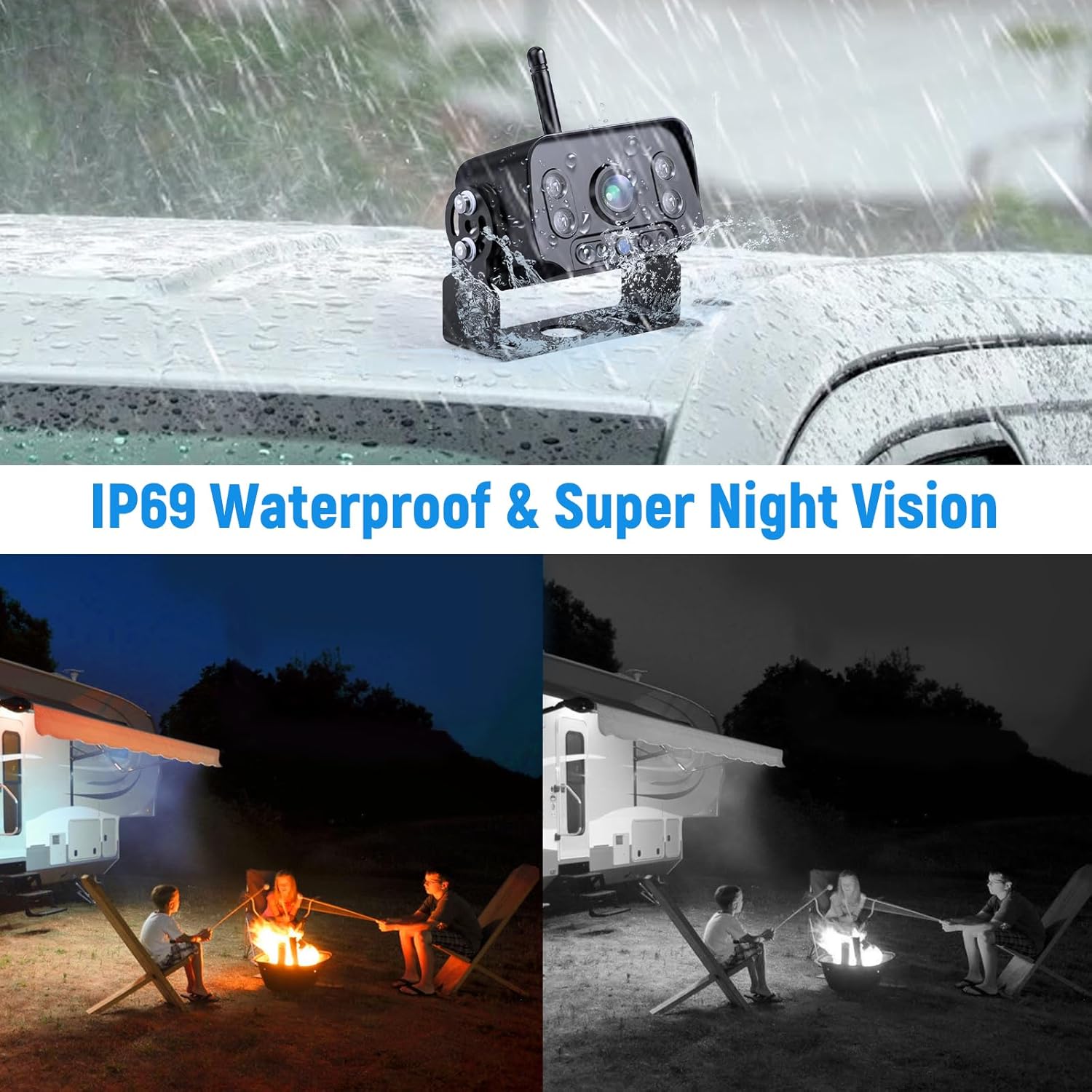 Image showing a truck with four cameras positioned around it, and the monitor displaying a 4-split screen view, indicating support for multiple cameras.