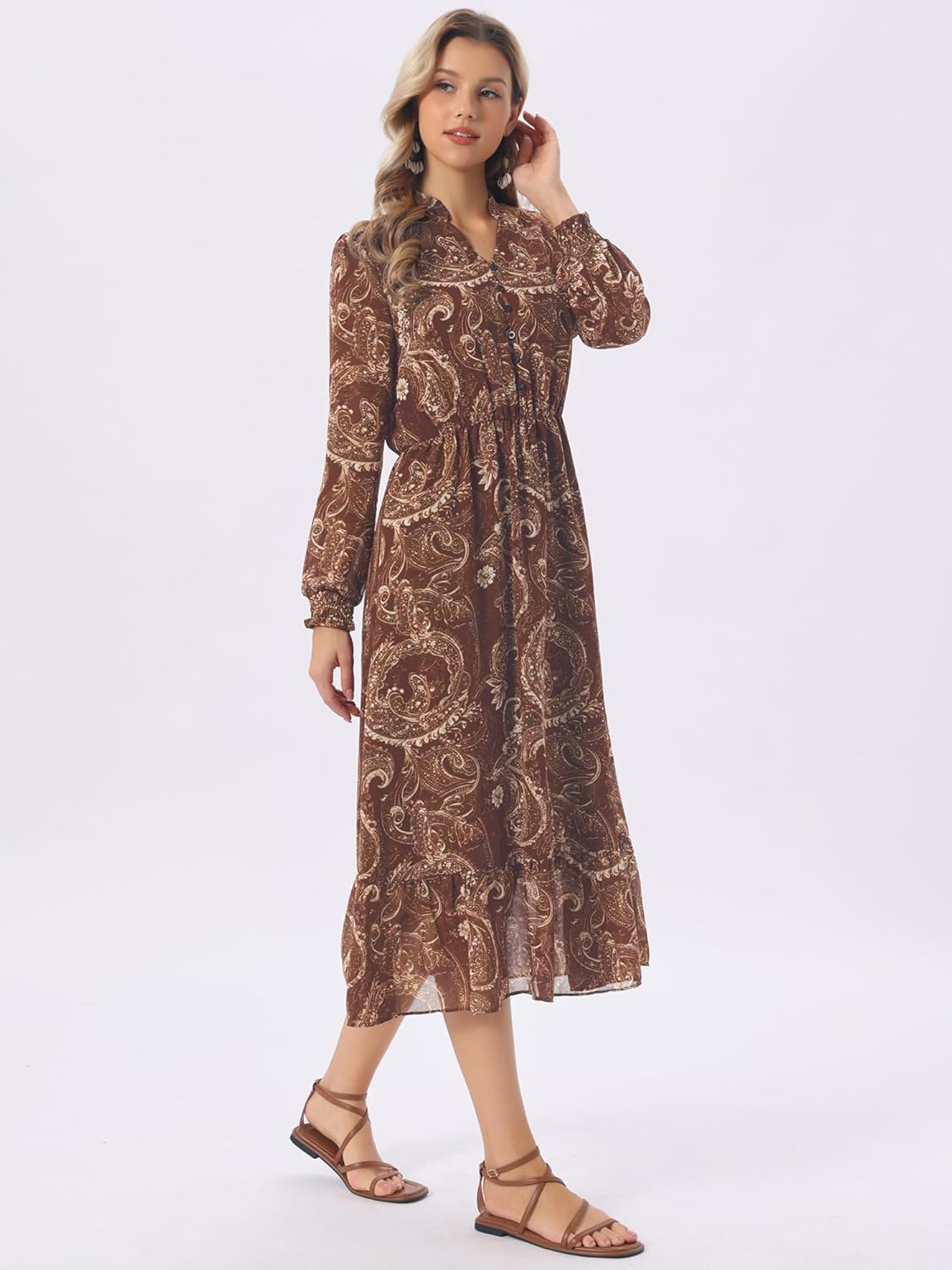 Seta T Women's Boho Dresses V Neck Long Sleeve Smocked Cuff A-Line Floral Tiered Flowy Fall Midi Dresses