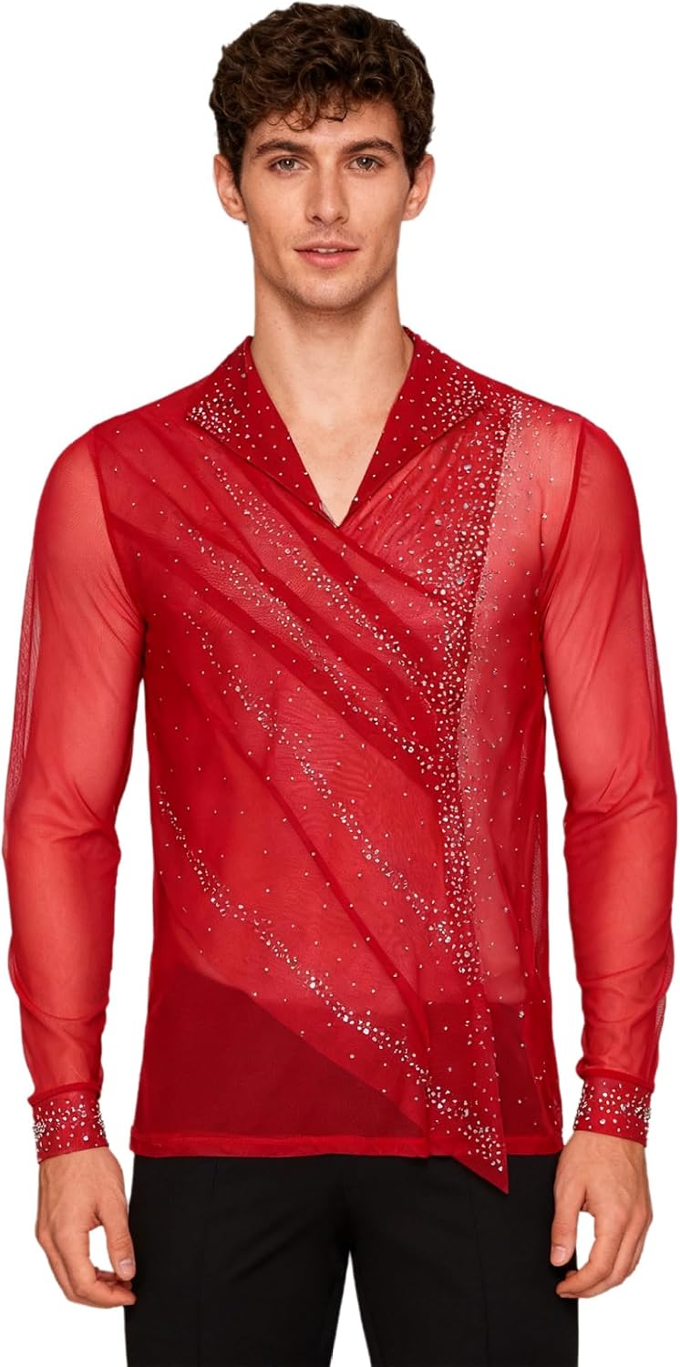 Men's Sheer Mesh Figure Skating Shirts V Neck Long Sleeve Ballet Latin Dance Tops Disco Party Wear