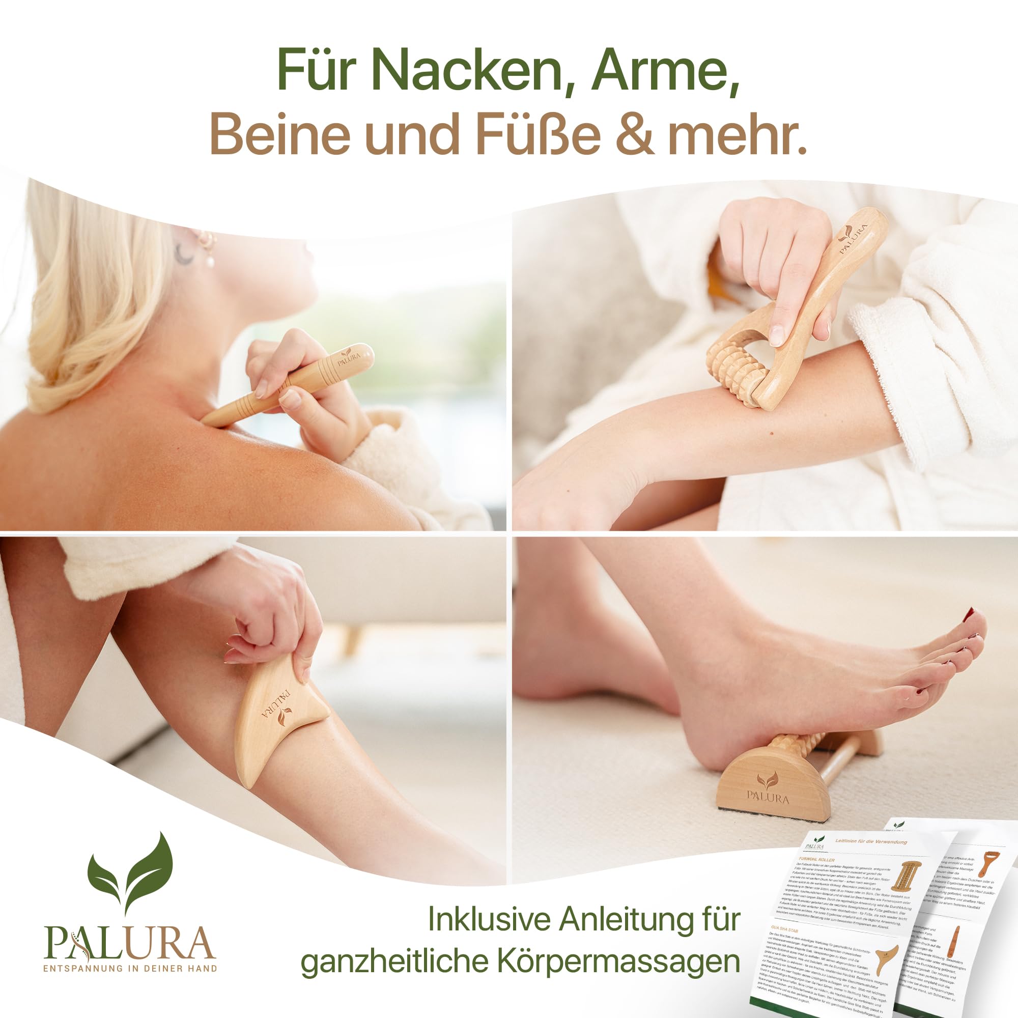 Massageroller Holz Set – Faszienrolle – Massage Tool für Arme, Beine und Nacken – Anti Cellulite Roller - Physiotherapie Praxis Zubehör - Frauen Geschenke