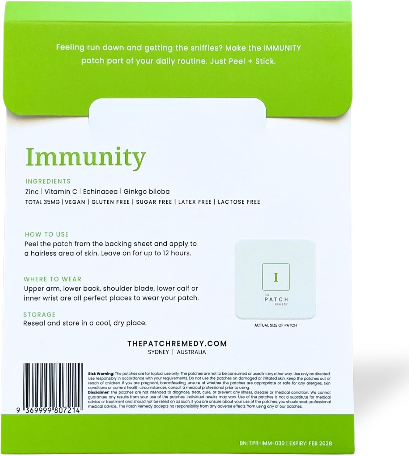 The Patch Remedy Immunity Patches - 30 Topical Immune Patches Containing Vitamin C, Zinc, Echinacea Extract & Ginkgo Biloba, Lasts 24 Hours