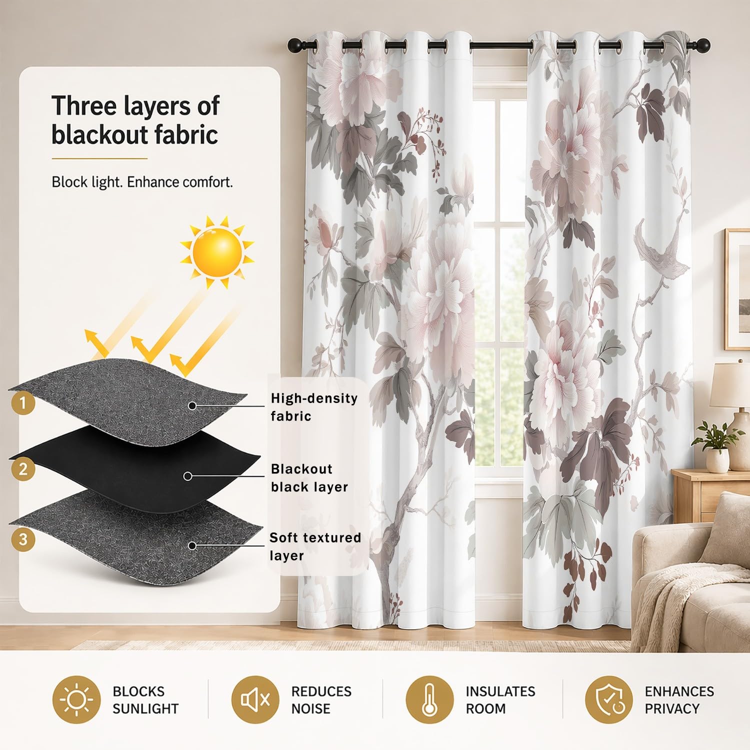 Generisch Große Pfingstrosen, zartes Rosa & Creme Verdunkelungsvorhänge – 2er Set Ösenvorhänge Klassisch, Traditionell, Pfingstrose Blickdicht & Thermoisolierend B 100 x H 245 cm