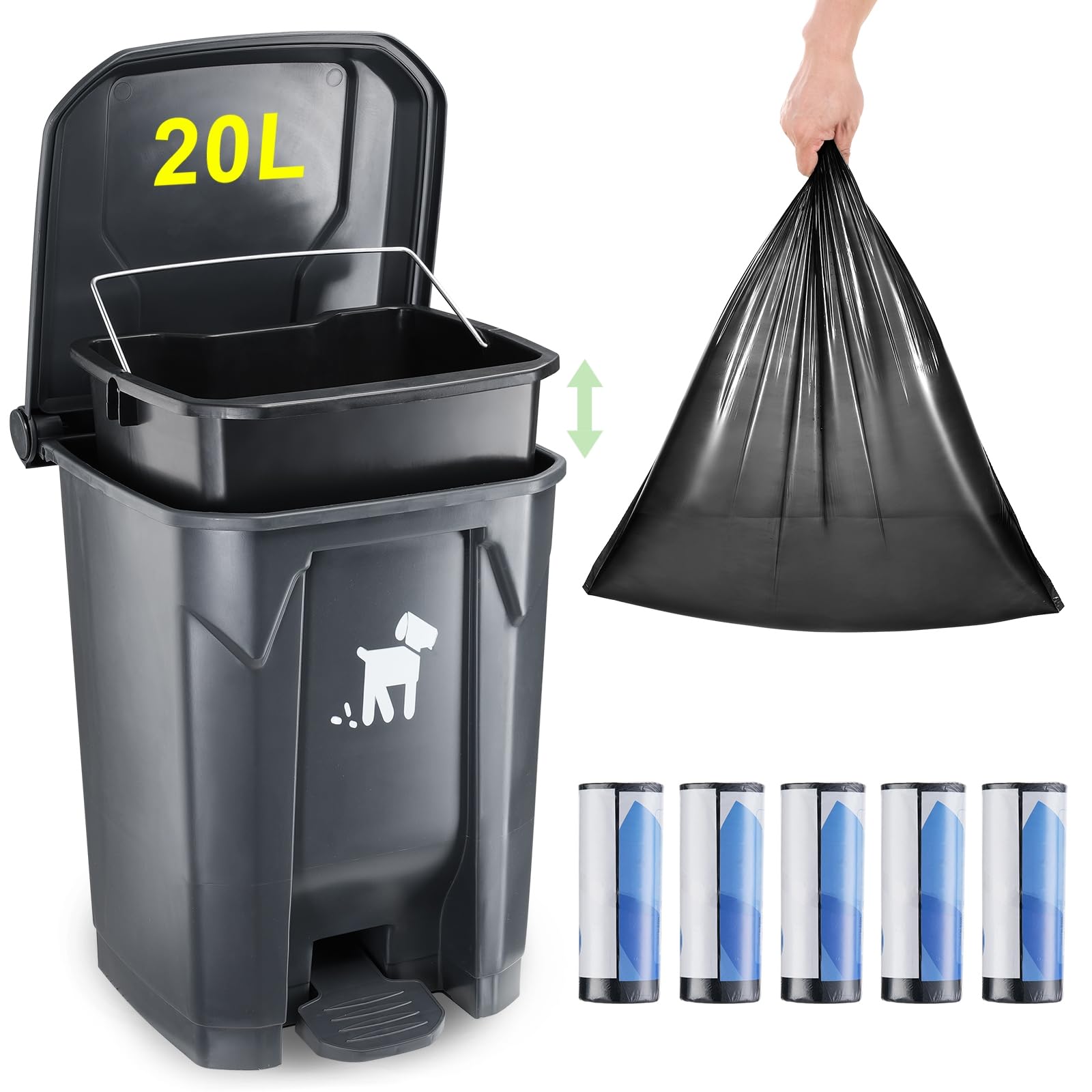 Hundekot-Mülleimer mit Deckel, 20 l, für den Außenbereich, Hundekoteimer für den Garten, mit herausnehmbarem Inneneimer und 150 Kotbeuteln, Haustierabfallbehälter (20 l)