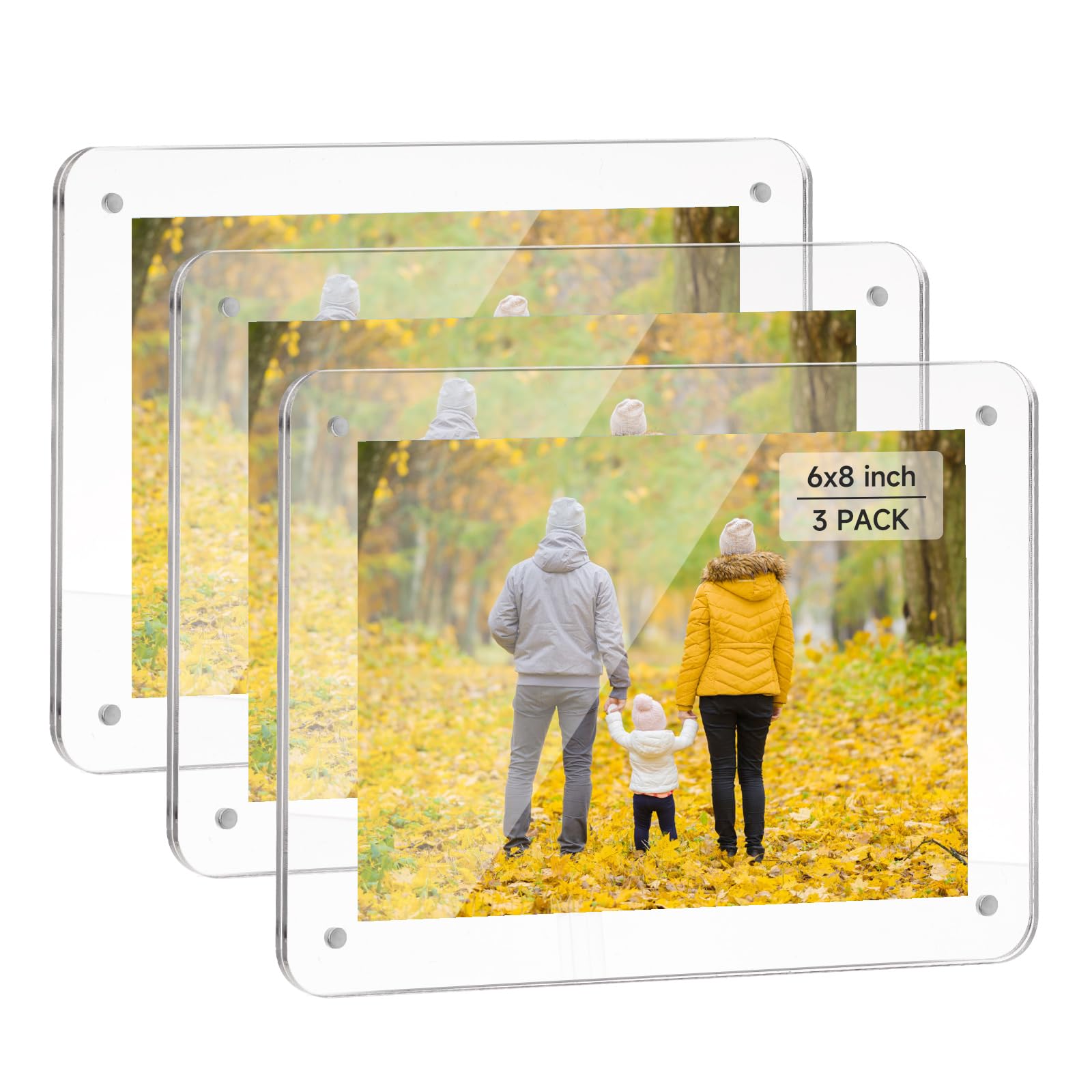 WHALE STORE 6x8 Acrylic Picture Frames - 3 Pack, Clear Frameless 6x8 Inches Photo Frames with Magnetic, Double Sided Transparent Desktop Frame(3 Pack)