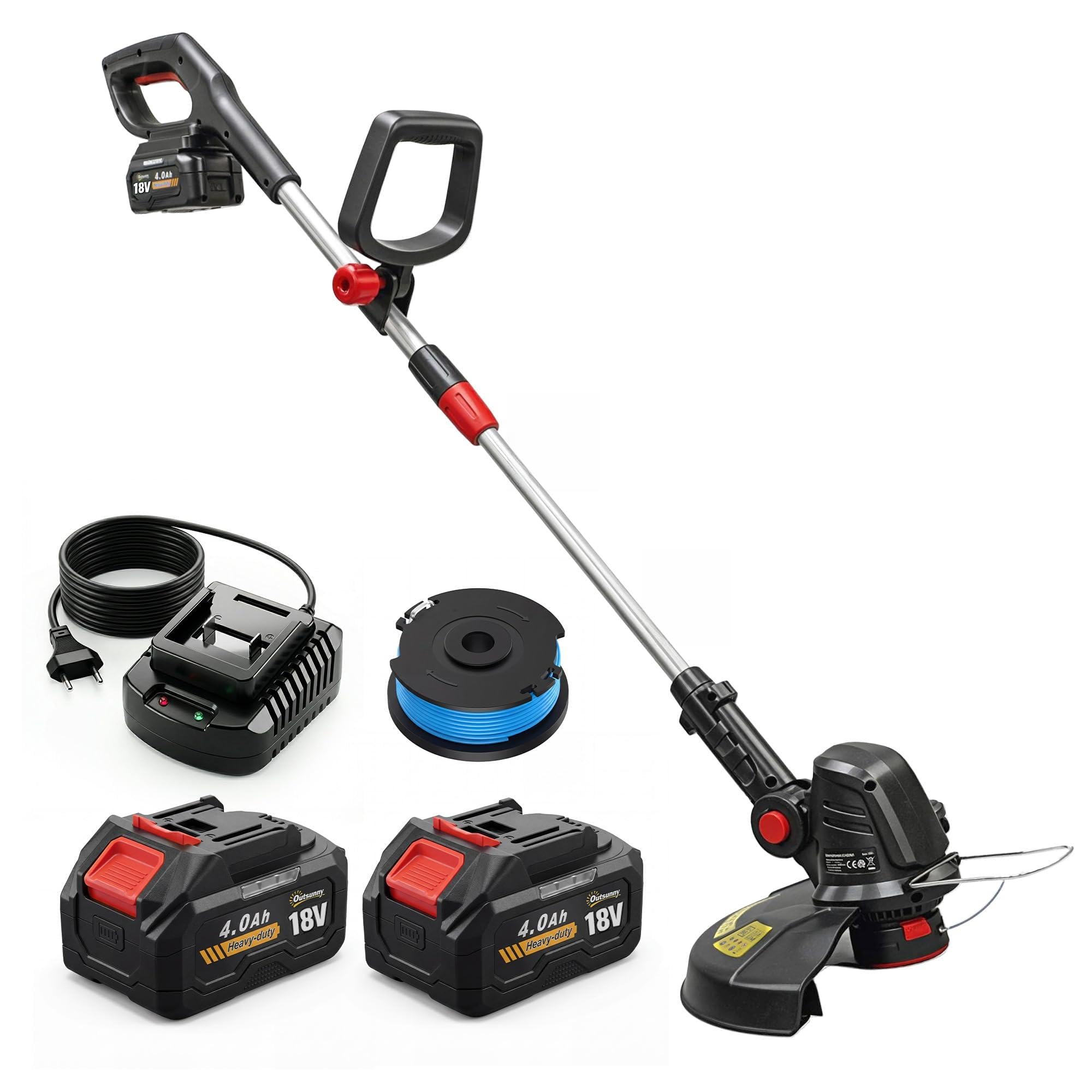 Outsunny Coupe-Bordures sans Fil 18V, 2 Batteries 4,0 Ah, Chargeur, Coupe 25 cm, Manche Télescopique, Carter protège, Tête et Poignée Réglables, Coupe-Bordures Electrique pour Jardin Pelouse, Argent
