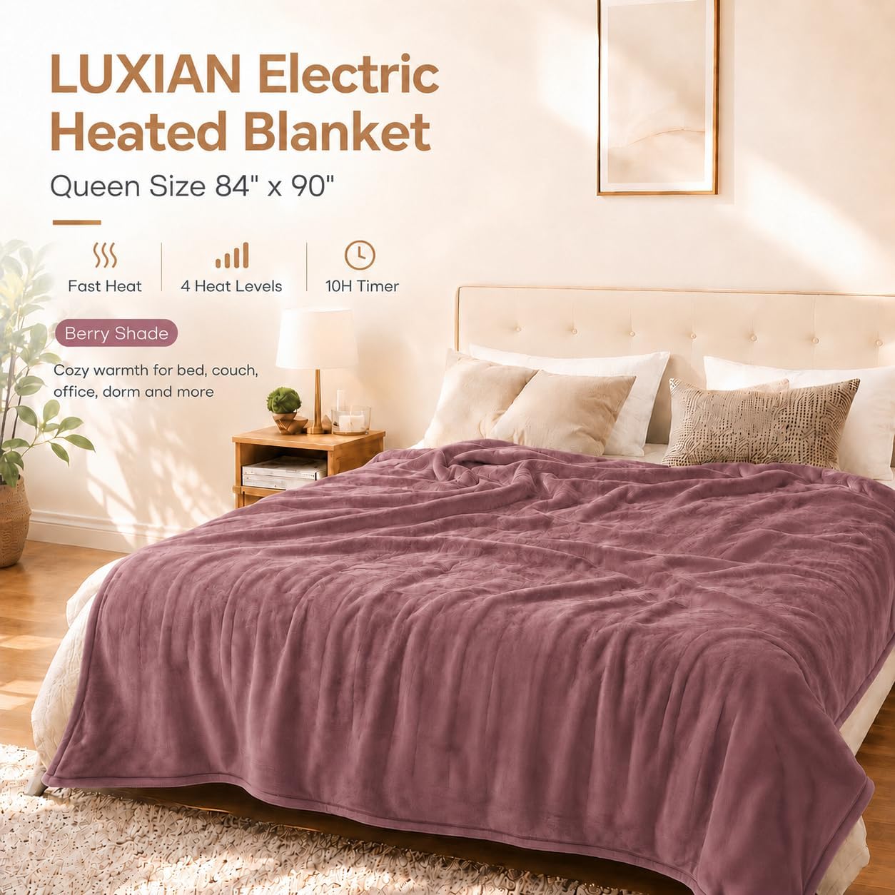 Electric Heated Blanket,Coral Fleece and Sherpa,Queen 84x90 in,Berry Shade