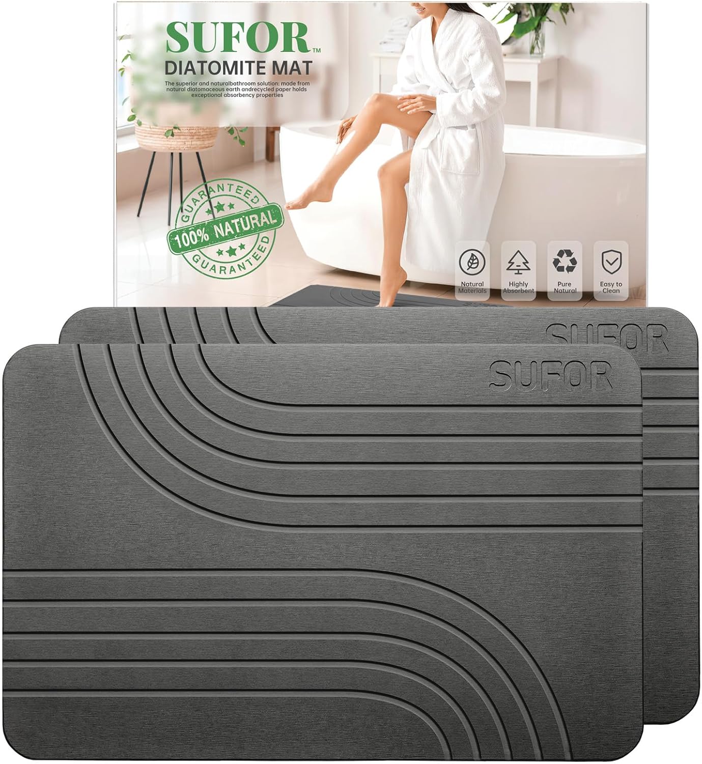 32"x20" Stone Bath Mat 2Pack, Diatomaceous Earth Non-Slip Stone Shower Mat - Quick Drying Absorbent Bath Stone Mat - Elegant & Modern Design, Natural, Easy to Clean (Dark Grey)