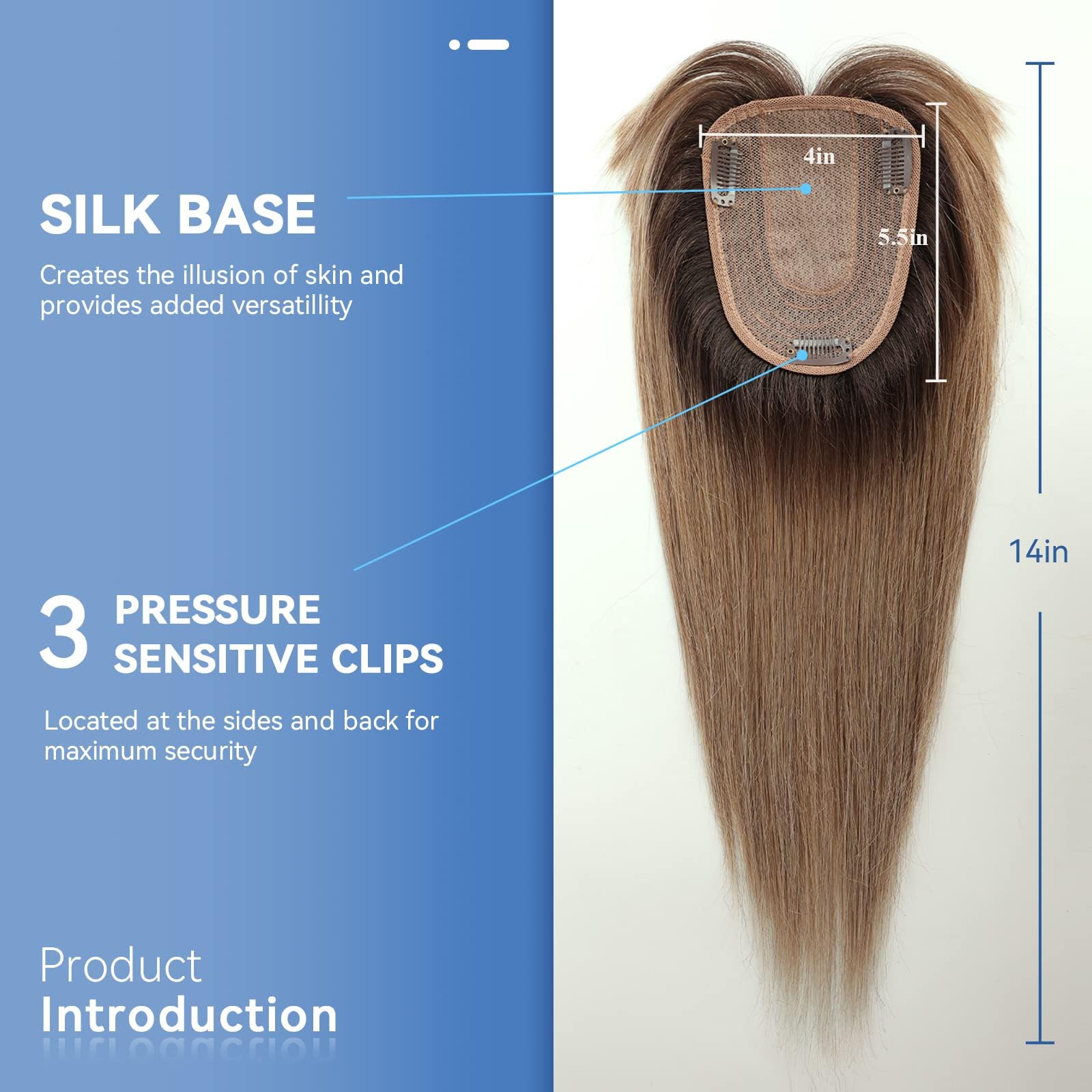EMMOR Haartopper für Frauen, Haarverlustabdeckung, Haarverdichtung für Frauen mit dünner werdendem Haar, Echthaar, 150% Dichte, Seidenbasis, drei Clips im Topper, 14 Zoll, Farbe 4#.
