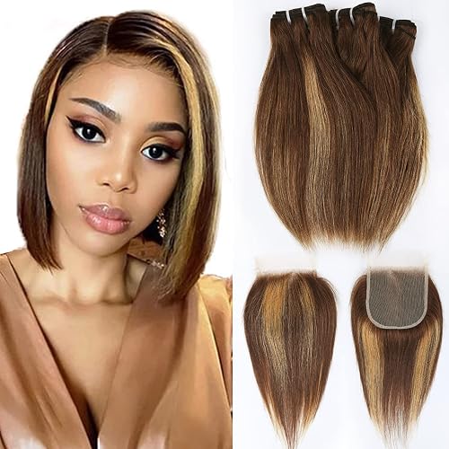FQ 4/27 Highlight Bundles and Closure Straight P4/27 Human Hair Bundles with Closure(10 10 10+10) Brazilian Ombre Blonde Colored Short Bob Human Hair 3 Bundles with 4x4 Lace Closure 50g/bundle