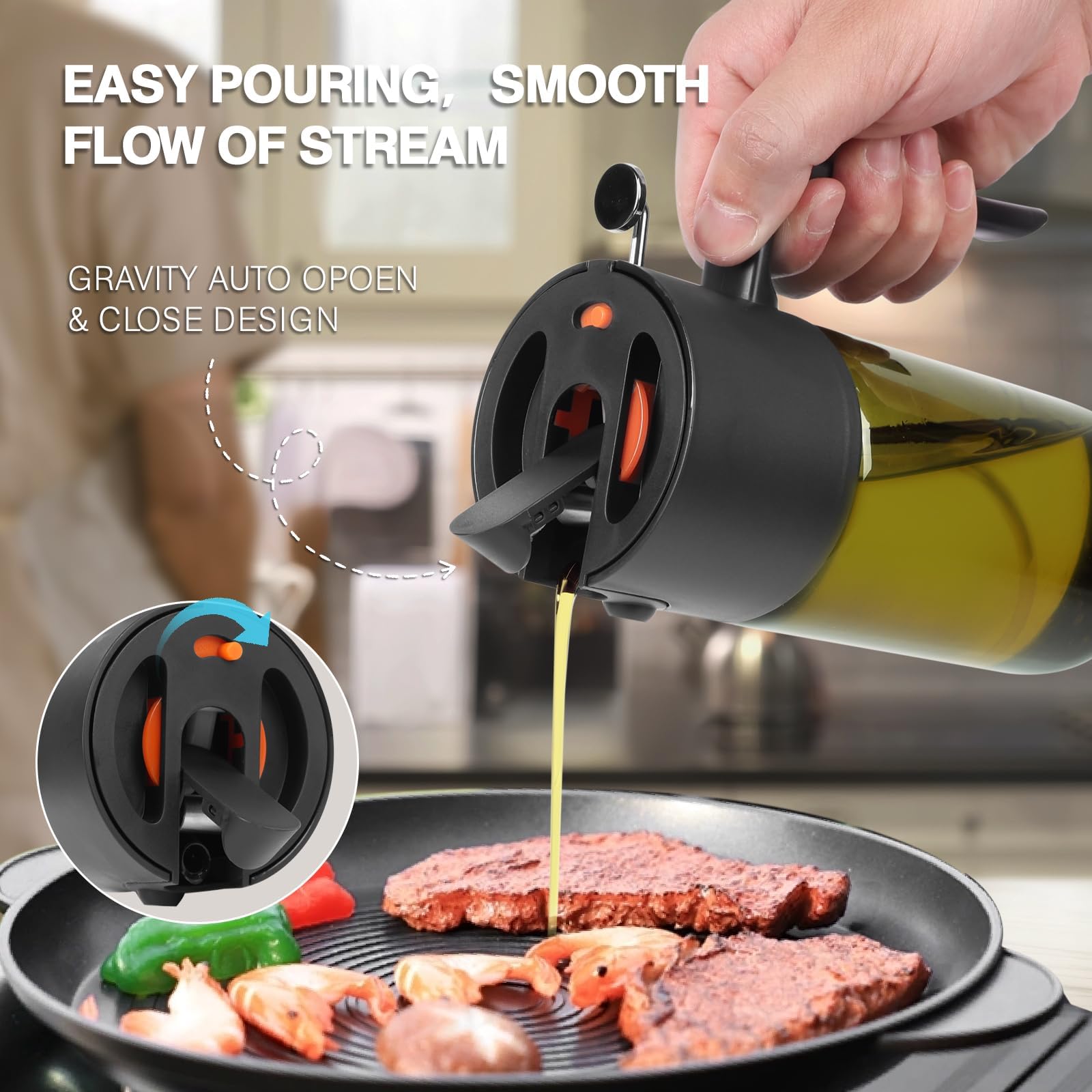 Pulverizador de aceite 2 en 1 de 500 ml para cocinar con calcomanías, botella dispensadora de aceite de oliva de vidrio para cocina, spray continuo con control de porciones, perfecto para freidora de