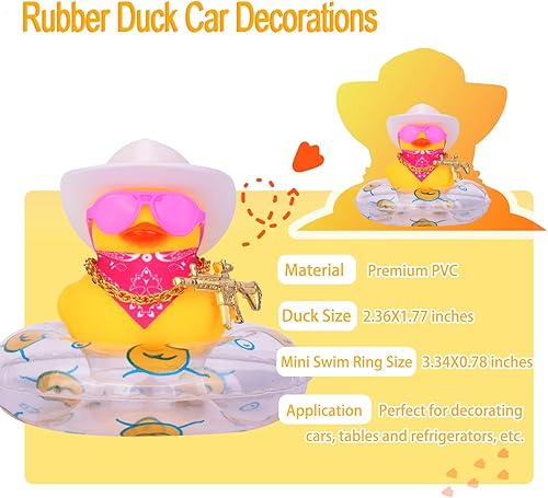 Miniatura 5 de Anillo de natación de pato vaquero para decoración de tablero de automóvil, accesorios de decoración de pato de goma con mini anillo de natación,