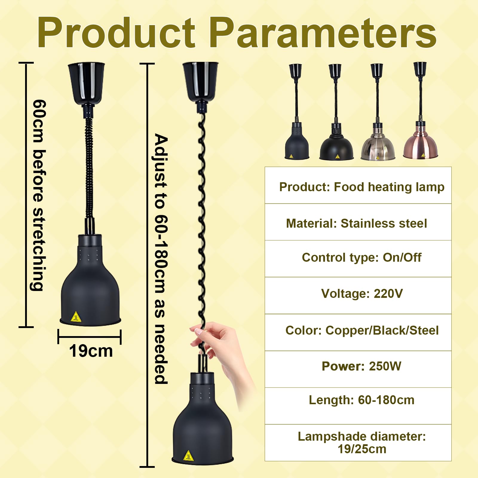 Lamparas de Calor Hosteleria, Lampara Calor Cocina Extensible 60-180cm, Lampara Calienta Platos Gran Diámetro, Suspension Lampara de Calor para Alimentos Cocina, Restaurante(D-19cm, 4 Piezas)