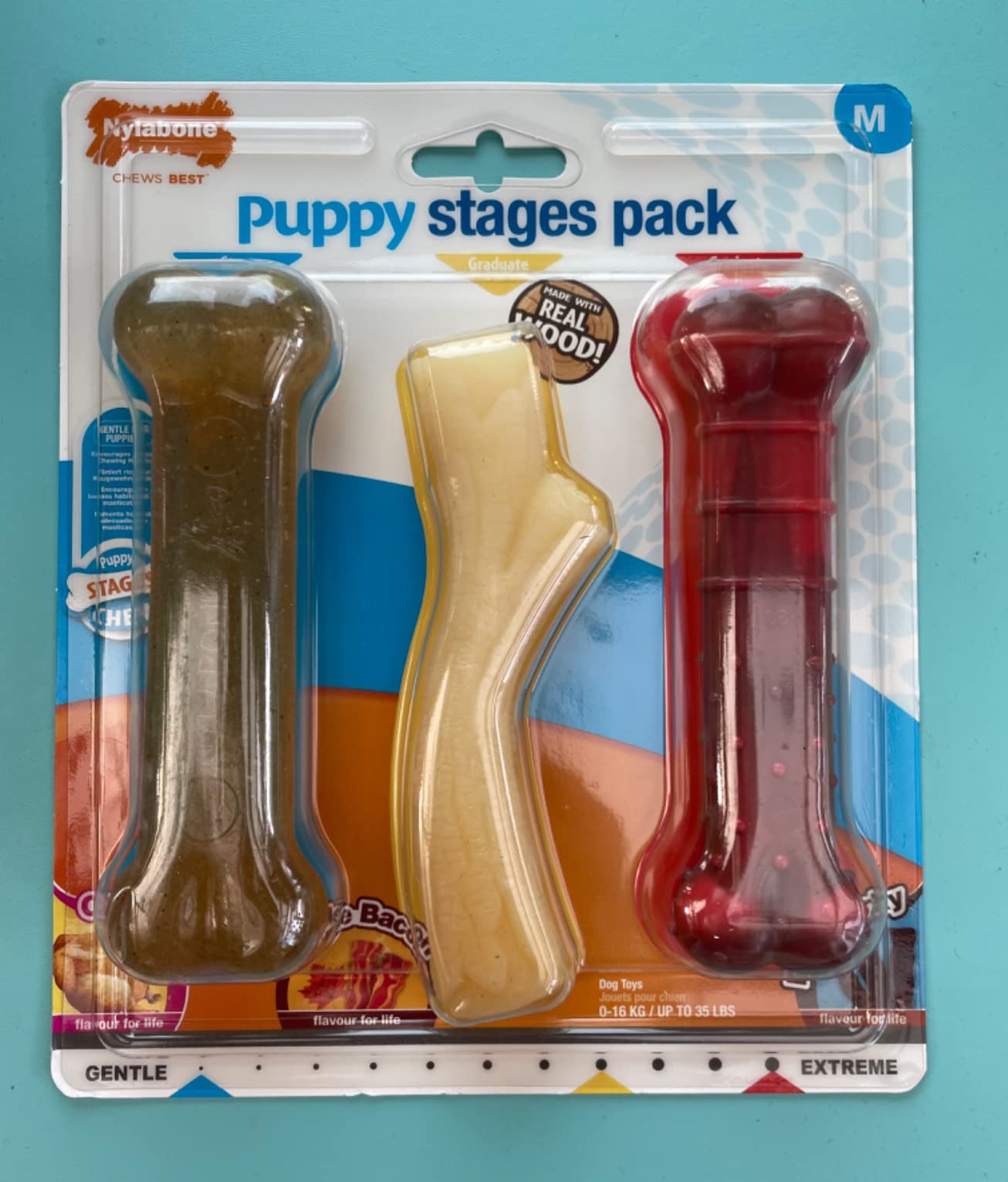 Nylabone Puppy Stages Triple Pack, Gentle Chicken Starter Chew, Graduate Maple Bacon Wood Stick