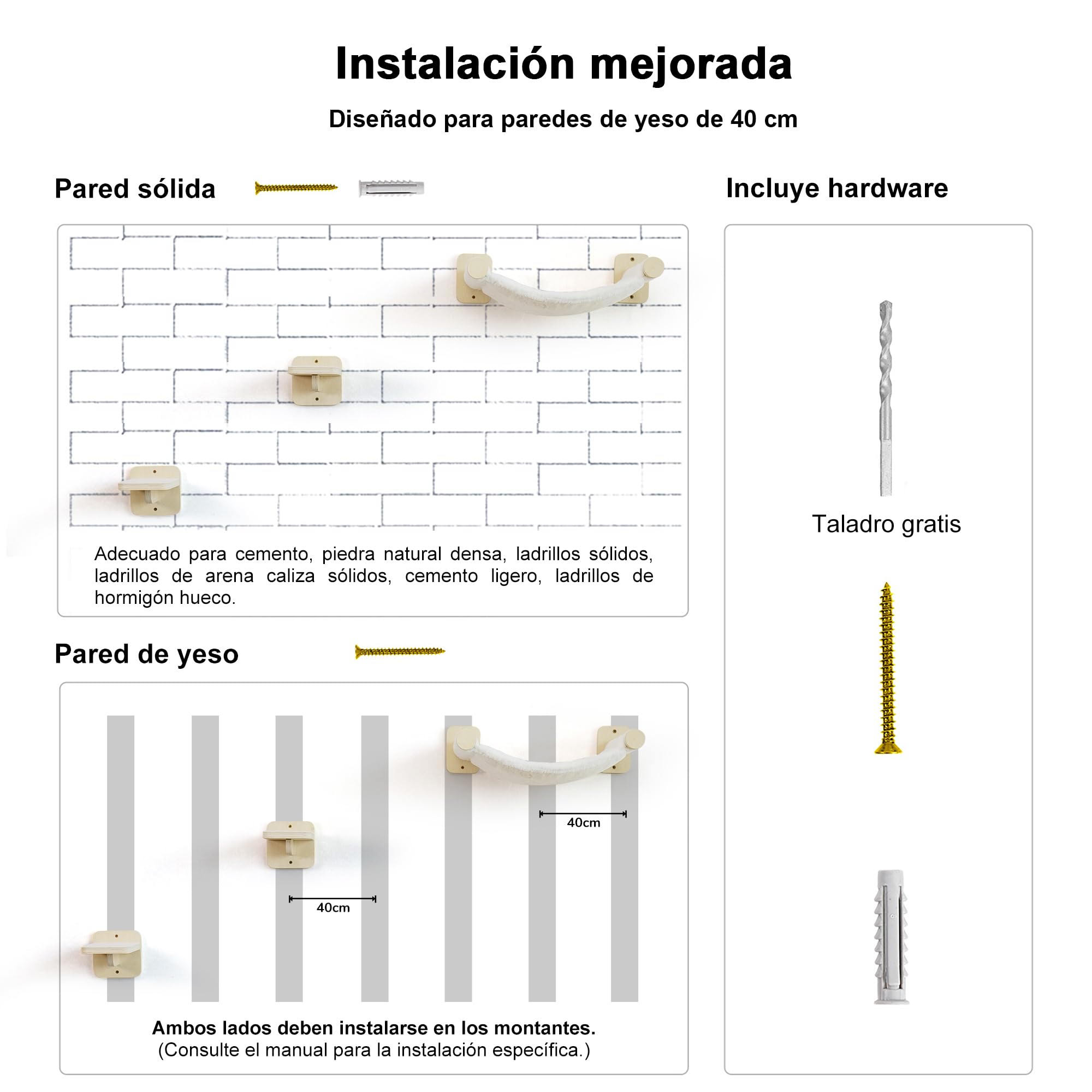 FUKUMARU Set de Pared de Escalada para Gatos, 3 Piezas - Estanterías de Pared, Hechas de Tablero Multicapa de Abedul, Cama Pared Gato, Escaleras para Gatos hasta 14 kg, Beige