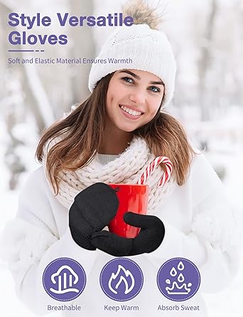 Kiiwah Winter antislip vingerloze handschoenen, uniseks, convertible thermo halve vinger handschoenen, anti-slip gebreide handschoenen voor dames en heren, rijden, sport, outdoor, zwart, One Size