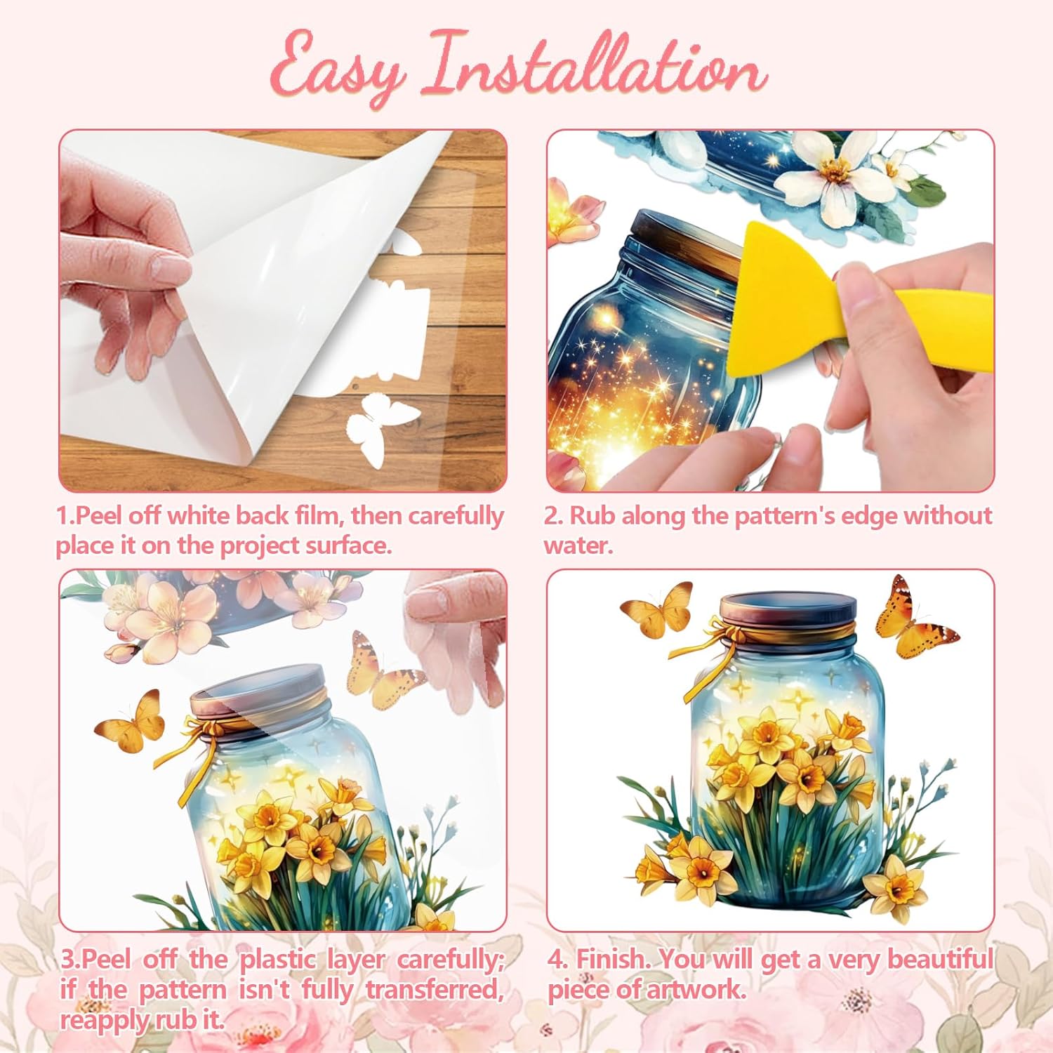 Peacoblue 家具クラフト装飾用転写転写ステッカー6インチx12インチ メイソンジャー 花 ホタルと蝶、3個 防水 UV DT