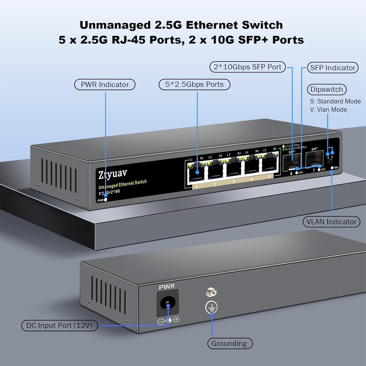 7 Port Unmanaged 2.5G Ethernet Switch with 5 x 2.5G RJ-45 Base-T Ports, 2 x 10G SFP+, Ports Speed Auto-Negotiation-100/1000/2500Mbps, One-Key VLAN, Desktop/Wall Mount, Fanless & Metal