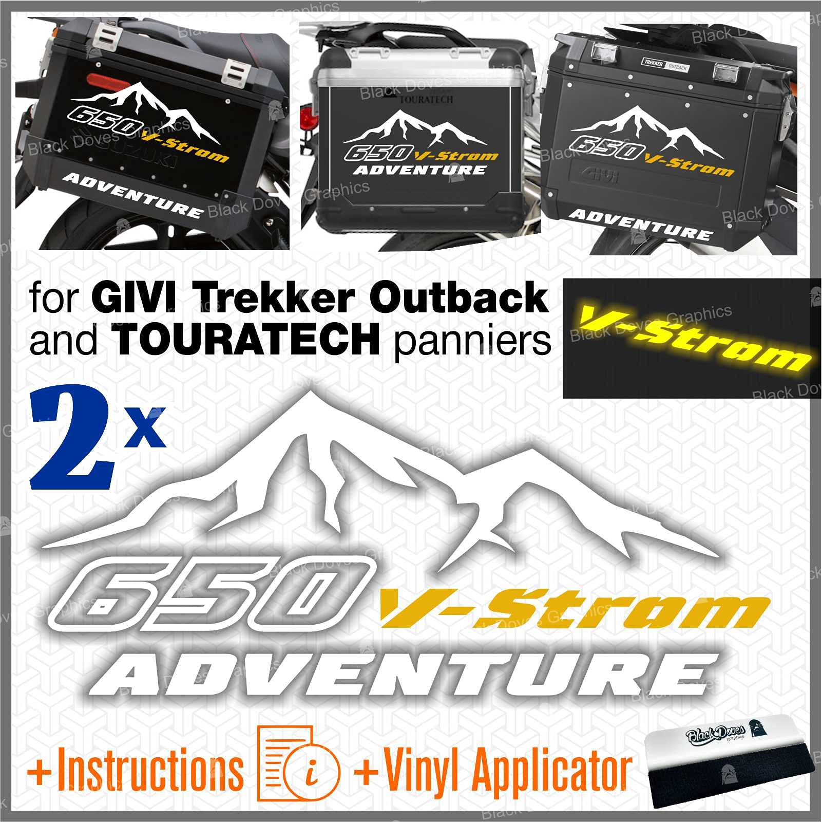 BLACK DOVES GRAPHICSSticker Kit 2 Pieces Compatible with Original Suzuki V-Strom 650 and Touratech Allu and GIVI Trekker Outback Side Cases (White-Yellow)