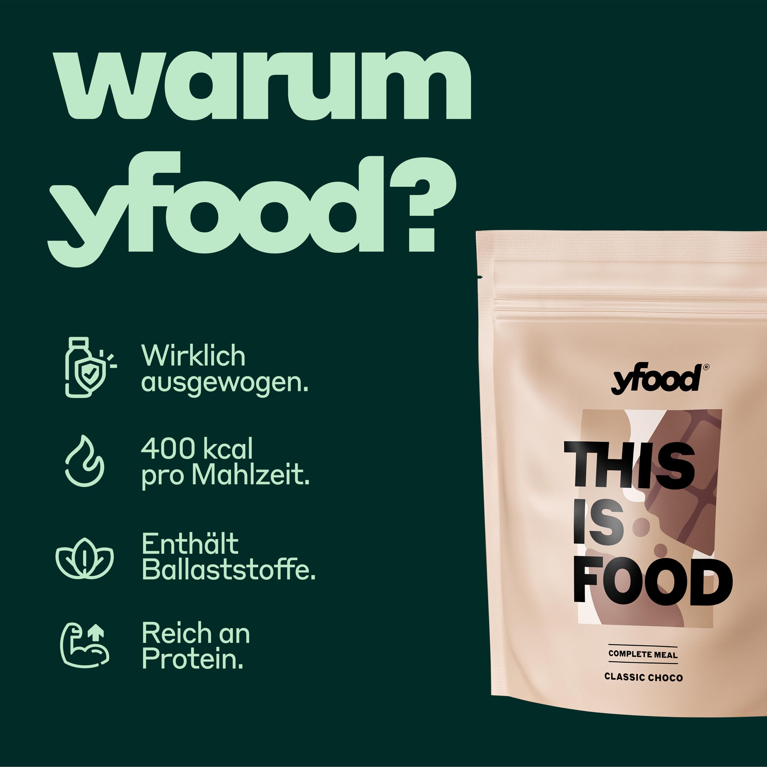 yfood Poudre Classic Choco, délicieux repas à boire à emporter en poudre, 25 g de protéines, 12 repas, 26 vitamines et minéraux, goût chocolat