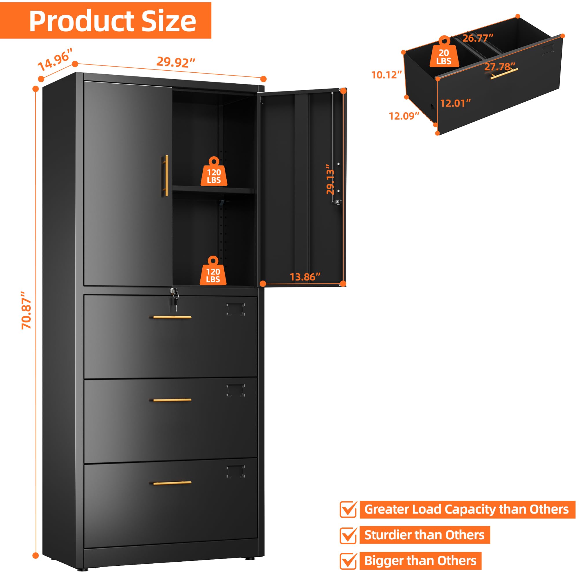 Aobabo Metal Storage Filing Cabinet mit 3 Schubladen, Metall -Büro -Aktenschrank mit abschließbaren Türen und Schubladen für Home Office, Hangdateien Brief/Rechtsgröße, Schwarz, Schwarz