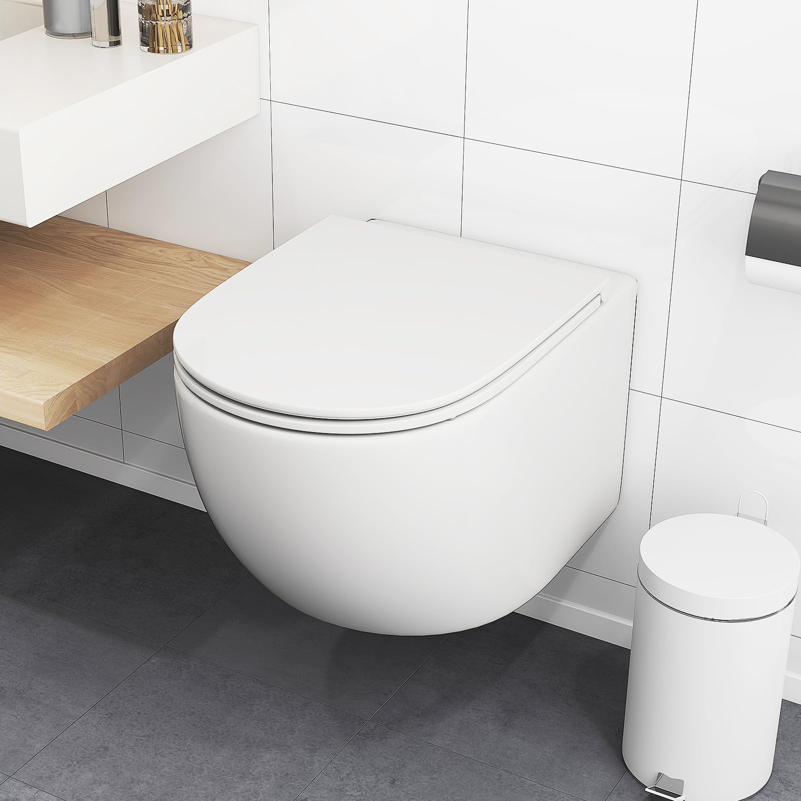 COSTWAY Sanitari Bagno a Muro, Sanitari Bagno Sospeso con Sistema di Doppio Scarico, Meccanismo di Chiusura Ammortizzata e Accessori di Montaggio, Facile da Pulire