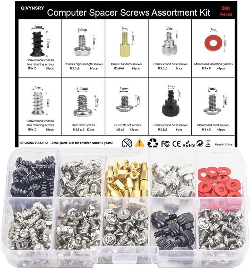 QIVYNSRY 300PCS Personal Computer Tower Screw Standoffs Set PC Installation Assortment Kit for 2.5" SSD HDD, Computer Case, Motherboard, Fan Power Supply, Graphics, Hard Drivers and CD-ROM Drives