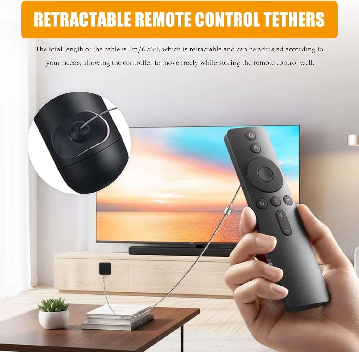 [2026 New] 2 Retractable Remote Control Tether Locks, 4 Replacement Adhesive Pads, 2 Hex Wrenches, Fit for TV & Gaming Controllers Remote Control, 6.56FT Retractable Locking Cable