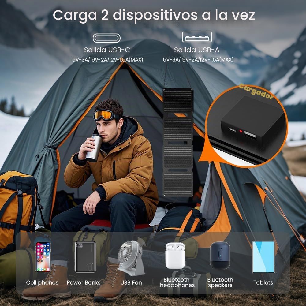 FlexSolar Panel solar plegable portátil de 30 W QC3.0 18 W USB-A USB-C Impermeable IP67 Carga rápida para móviles, tabletas, powerbank, cámara, linterna de camping y senderismo