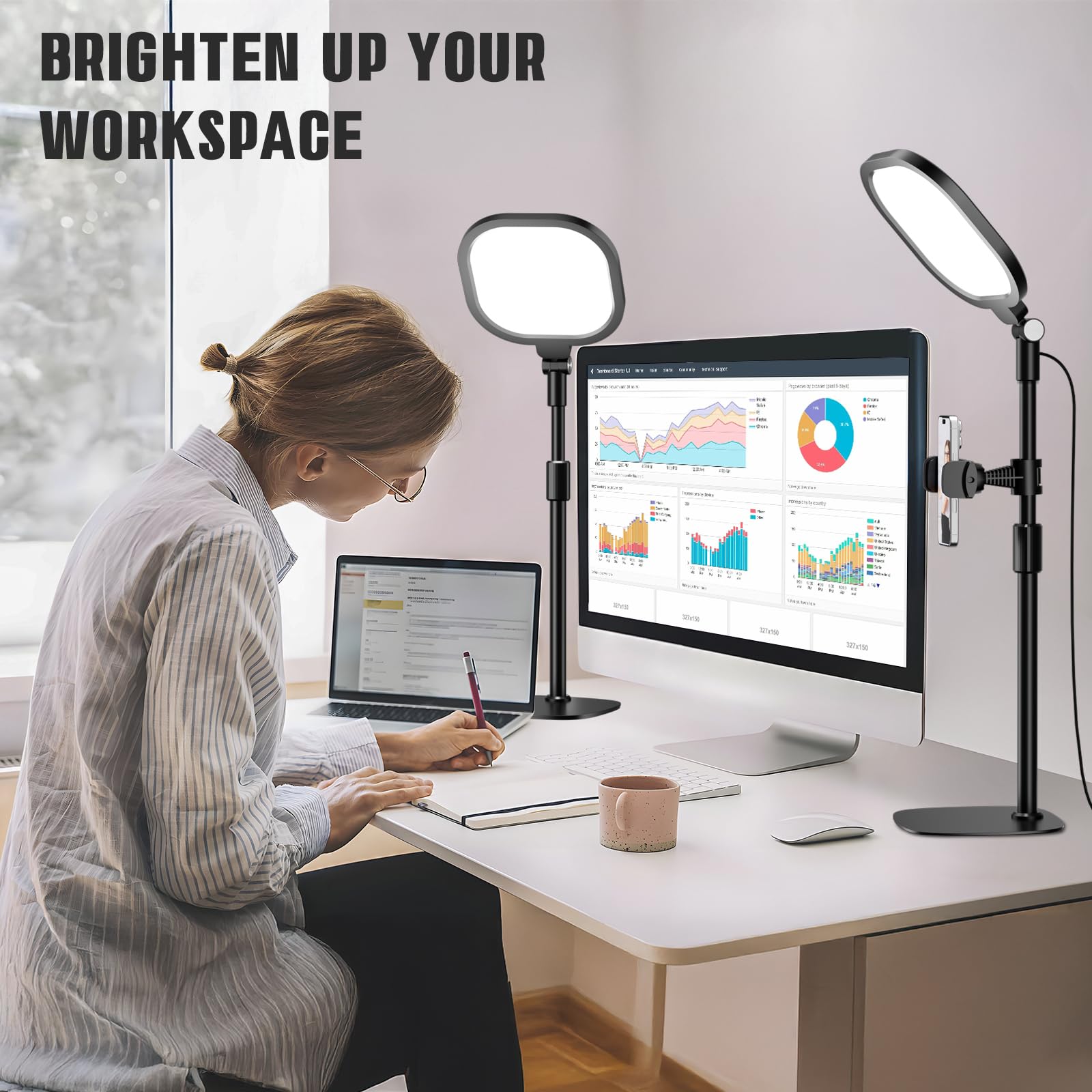 Paquete de 2 kits de iluminación de videoconferencia, anillo de luz regulable para escritorio con soporte y soporte para teléfono, luz para laptop para reuniones de zoom, videollamadas,