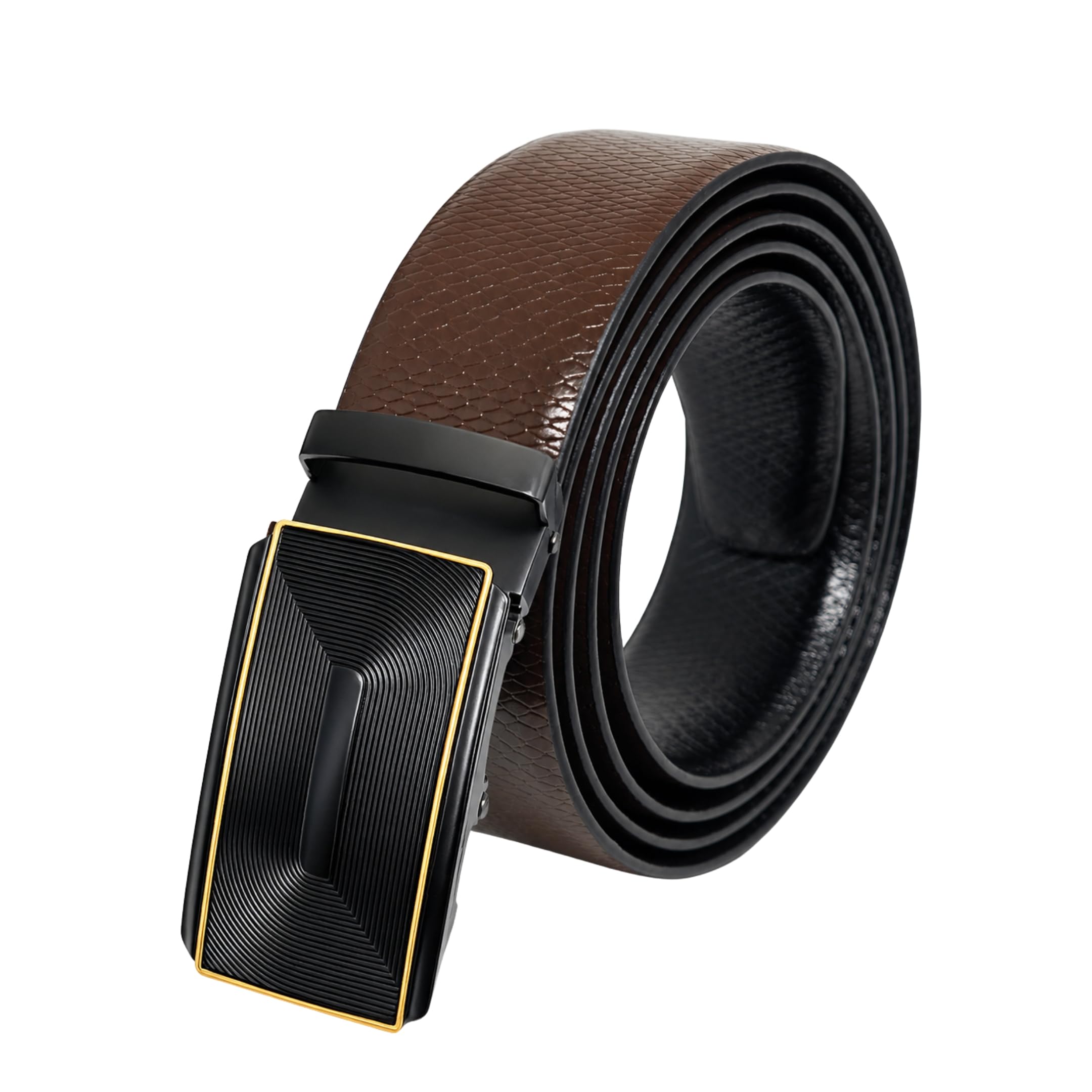Mens 100% Genuine Leather Belt - REXVA Saffiano Texture, RYZOR Chevron Auto-Lock Buckle (Brown & Black Reversible)-image-15