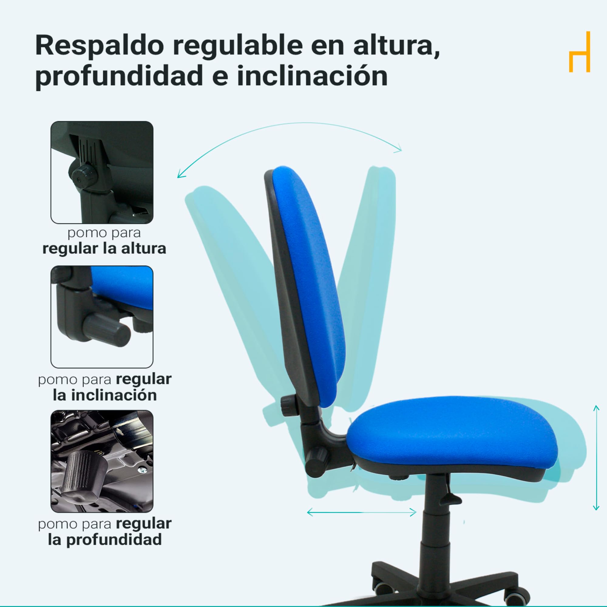 La Silla de Claudia | Silla Escritorio Ergonomica Torino | Ideal para Oficina | Respaldo Ajustable en Altura, Inclinación y Profundidad | Asiento Regulable en Altura (Azul, Sin Brazos)