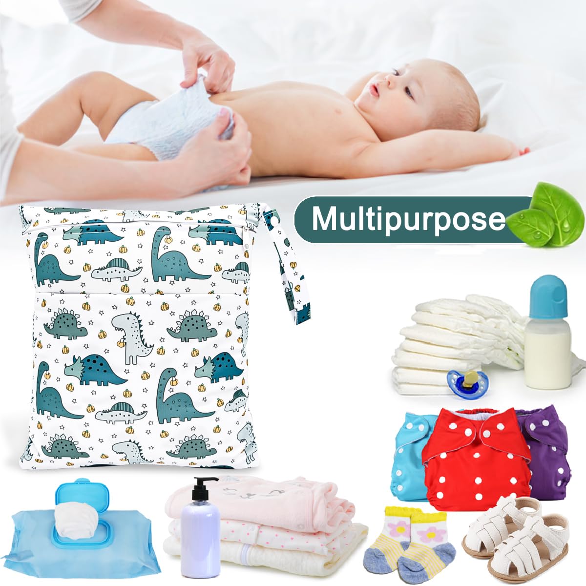 Bolsa de Pañales, 2PCS Bolsa Impermeable Reutilizable para Bebe, Ropa Seca y Húmeda Organizador de Pañales, Wetbag Lavable Neceser para Viaje Playa Deporte Guardería Merienda (Dinosaurio)