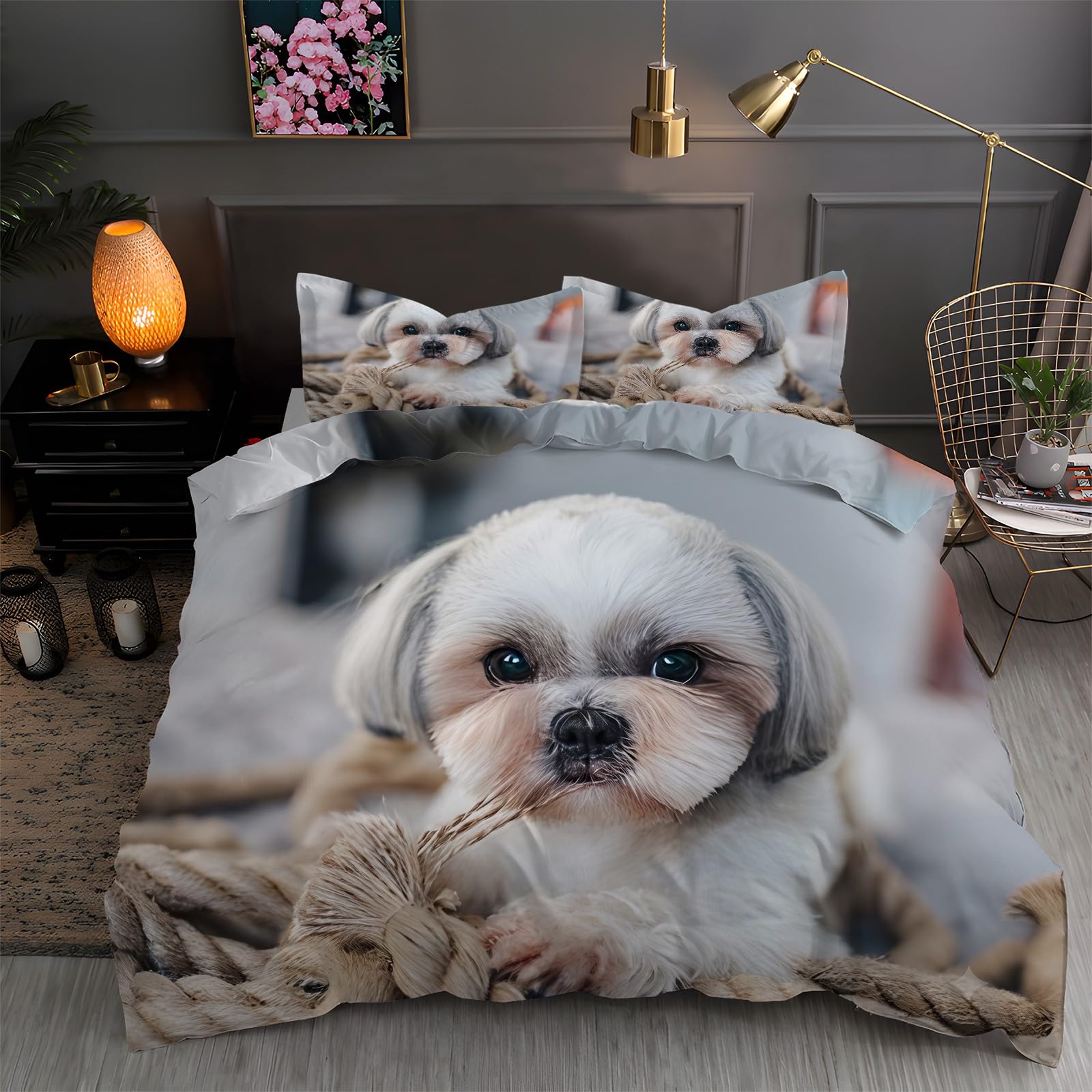 LLSZAHD Gray King Duvet Cover Shih Tzu 3D Bedding Sets Brushed Microfibre