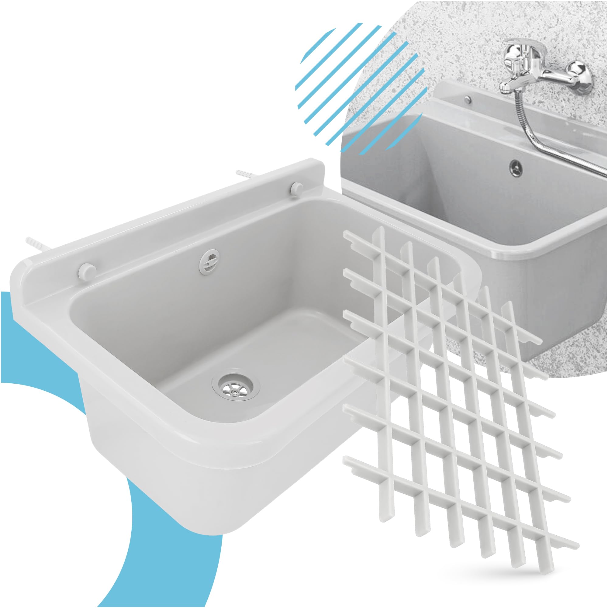 Évier Commercial a Chambre Industriel 55 x 34 x 21 cm Blanc avec Grille 36 x 30 cm Profond Extérieur Lave-Mains Jardin Garage Buanderie Salle de Bains Usine Monochambre